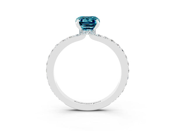 White gold Emerald Cut Blue Topaz Pavé Engagement Ring with Round  Accents and Prong Setting