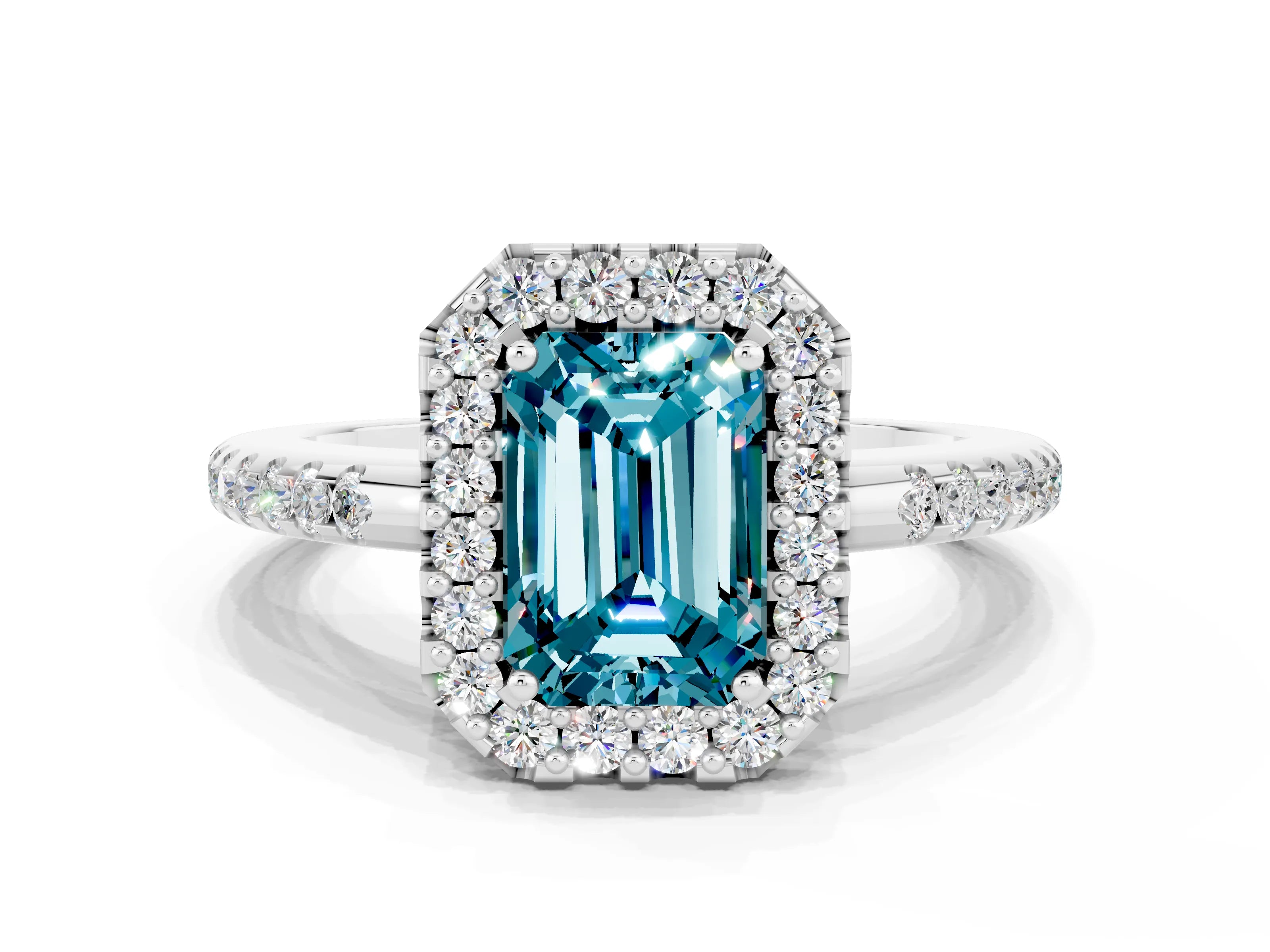 White gold Emerald Cut Blue Topaz Pavé Halo Ring with Four-Prong Setting_12