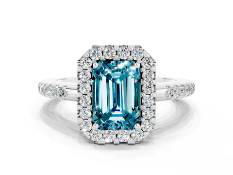 White gold Emerald Cut Blue Topaz Pavé Halo Ring with Four-Prong Setting_12