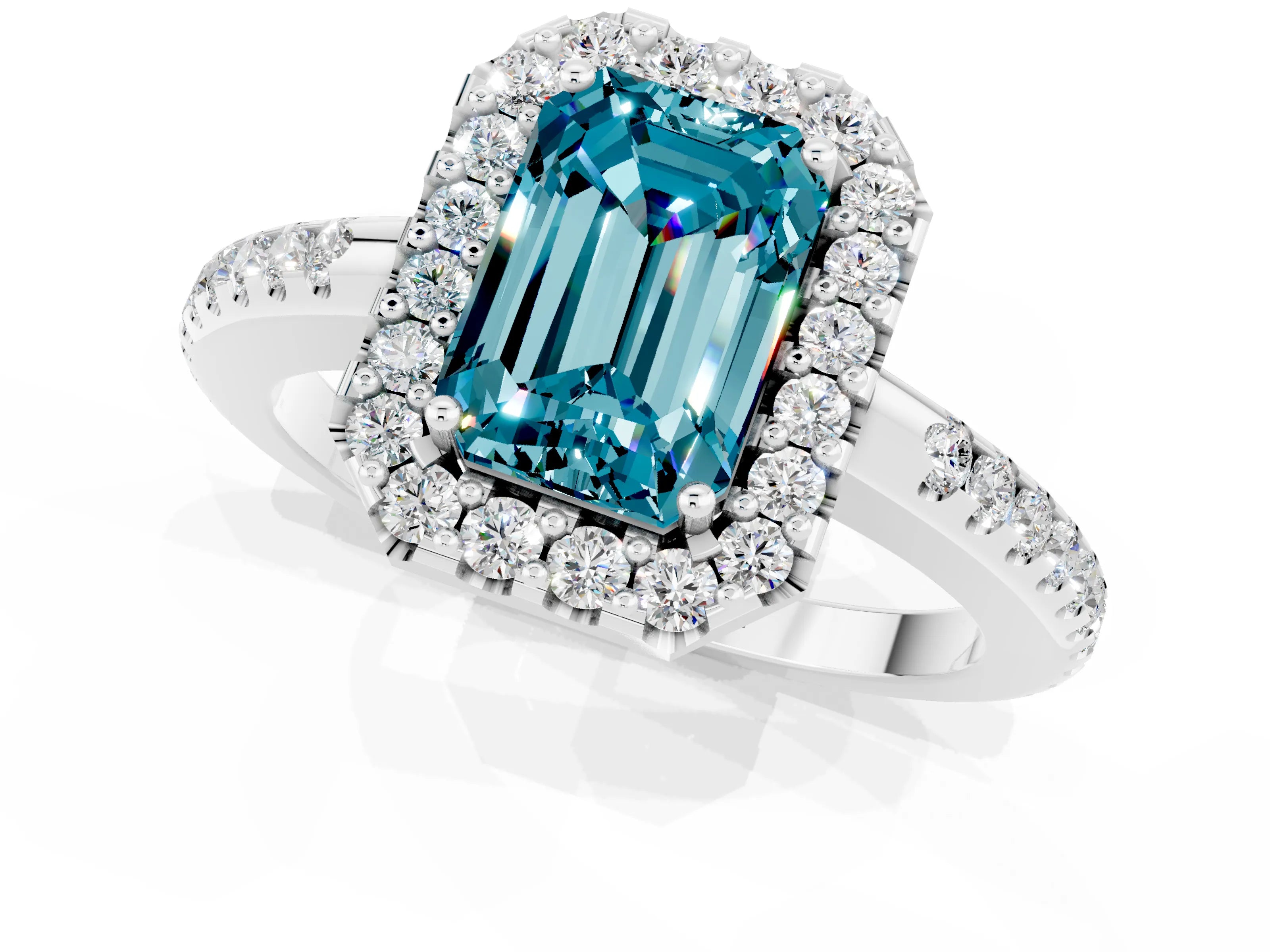 White gold Emerald Cut Blue Topaz Pavé Halo Ring with Four-Prong Setting_13