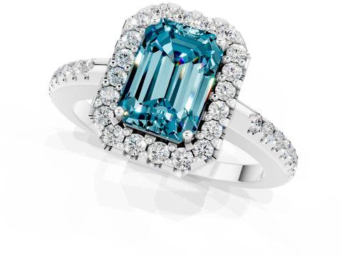 White gold Emerald Cut Blue Topaz Pavé Halo Ring with Four-Prong Setting_13