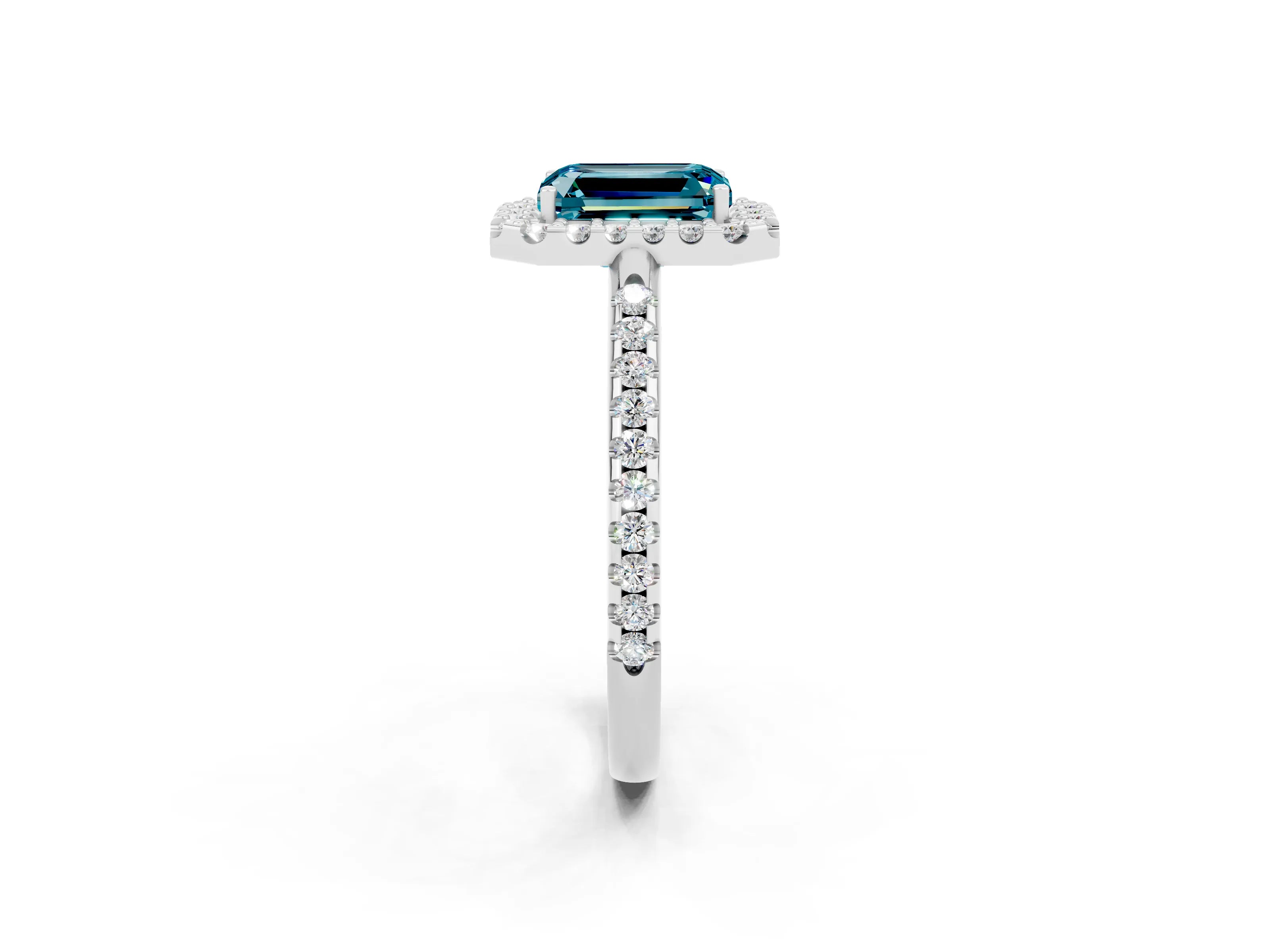 White gold Emerald Cut Blue Topaz Pavé Halo Ring with Four-Prong Setting_14
