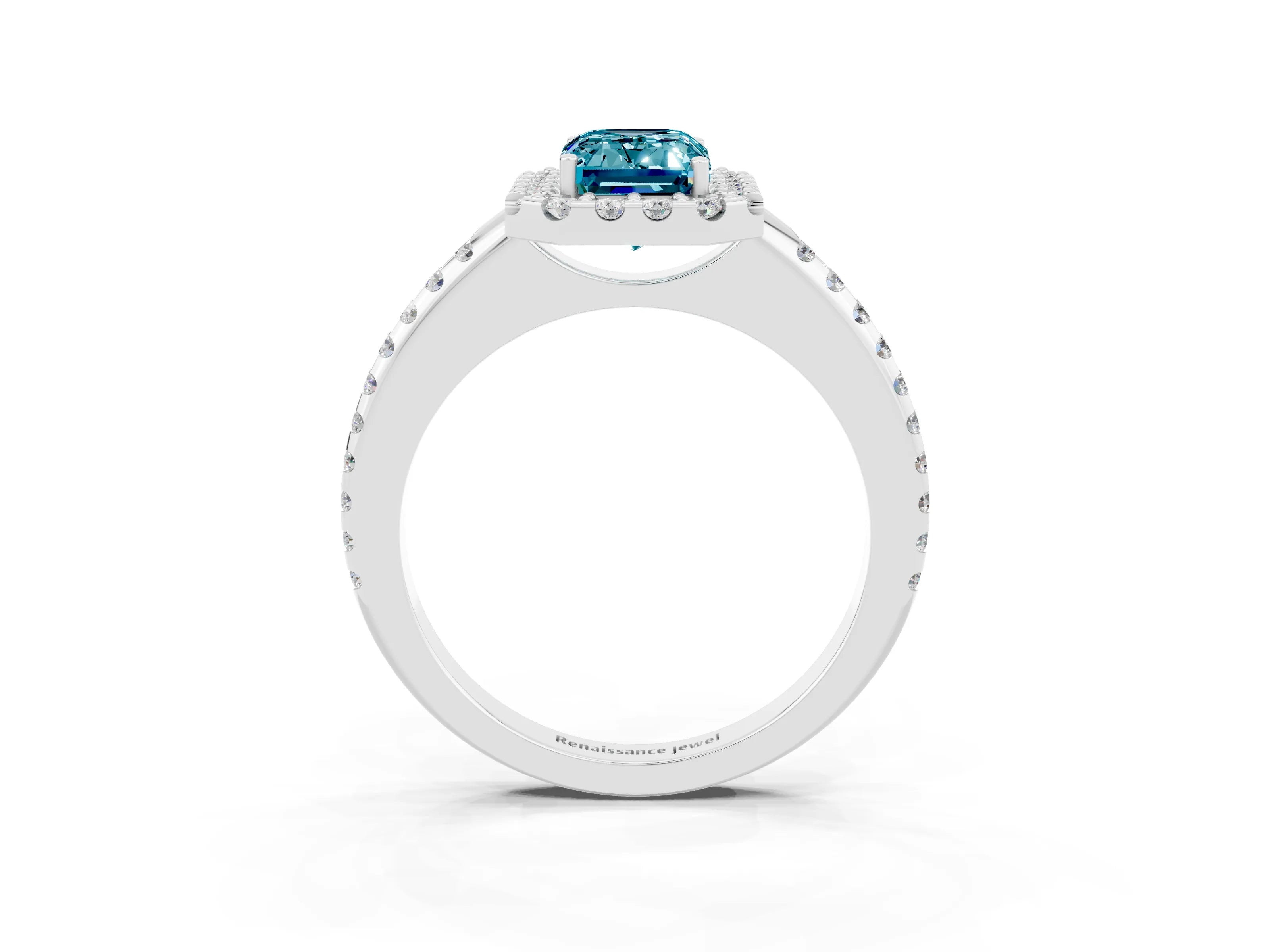 White gold Emerald Cut Blue Topaz Pavé Halo Ring with Four-Prong Setting_15