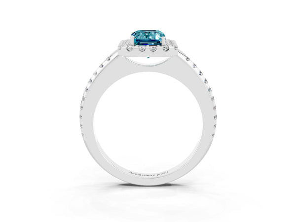 White gold Emerald Cut Blue Topaz Pavé Halo Ring with Four-Prong Setting