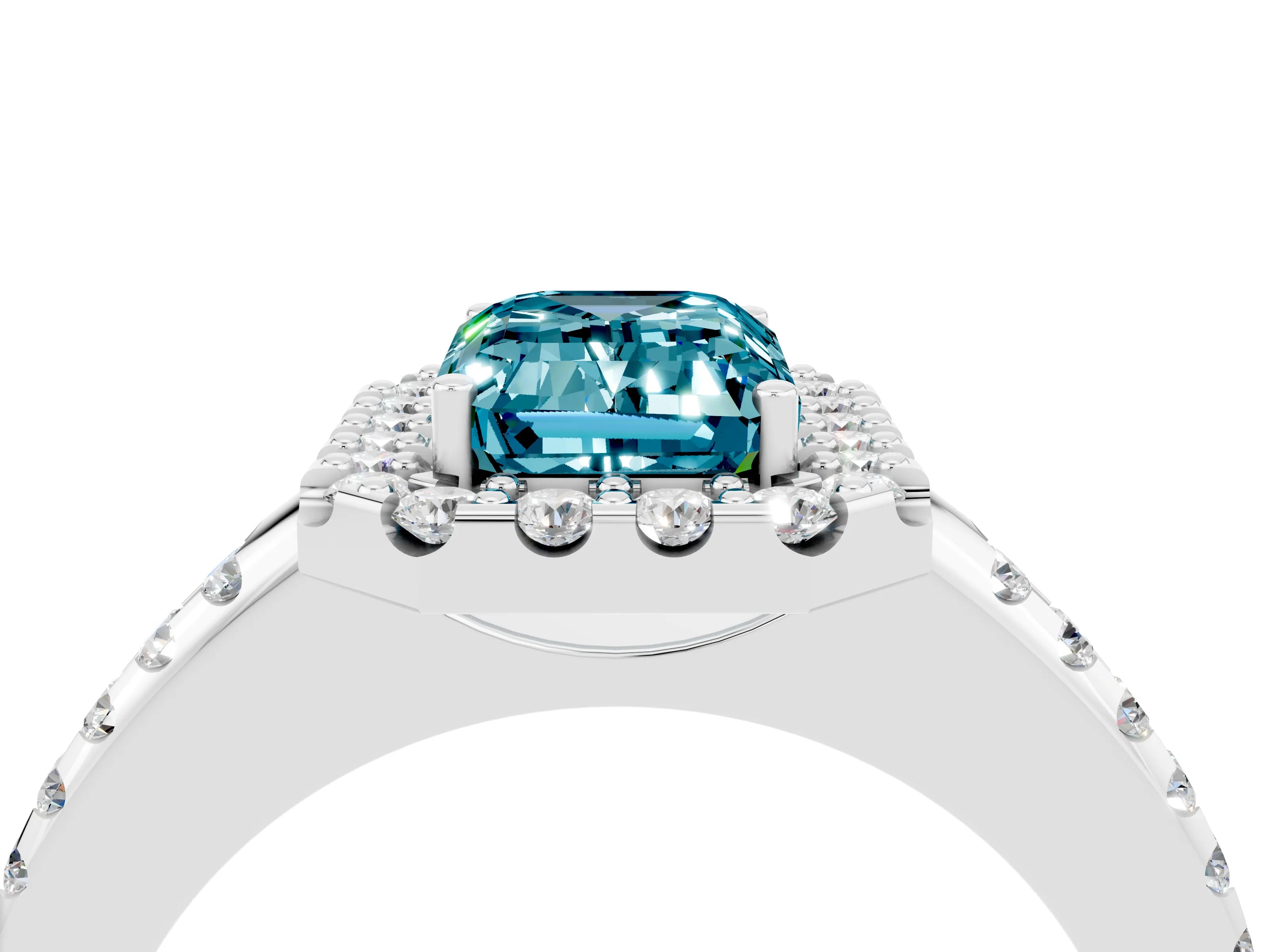 White gold Emerald Cut Blue Topaz Pavé Halo Ring with Four-Prong Setting_16