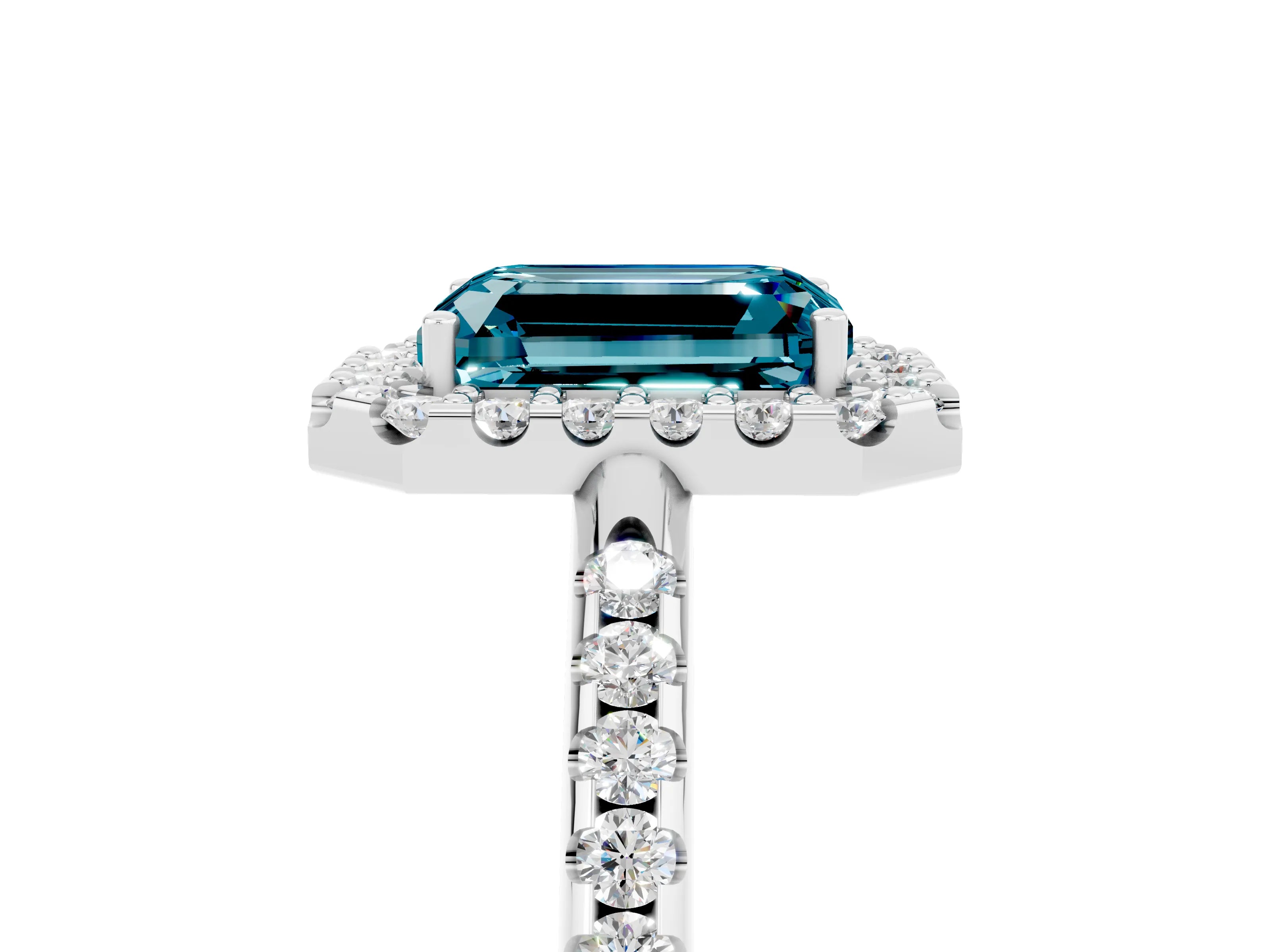 White gold Emerald Cut Blue Topaz Pavé Halo Ring with Four-Prong Setting_17