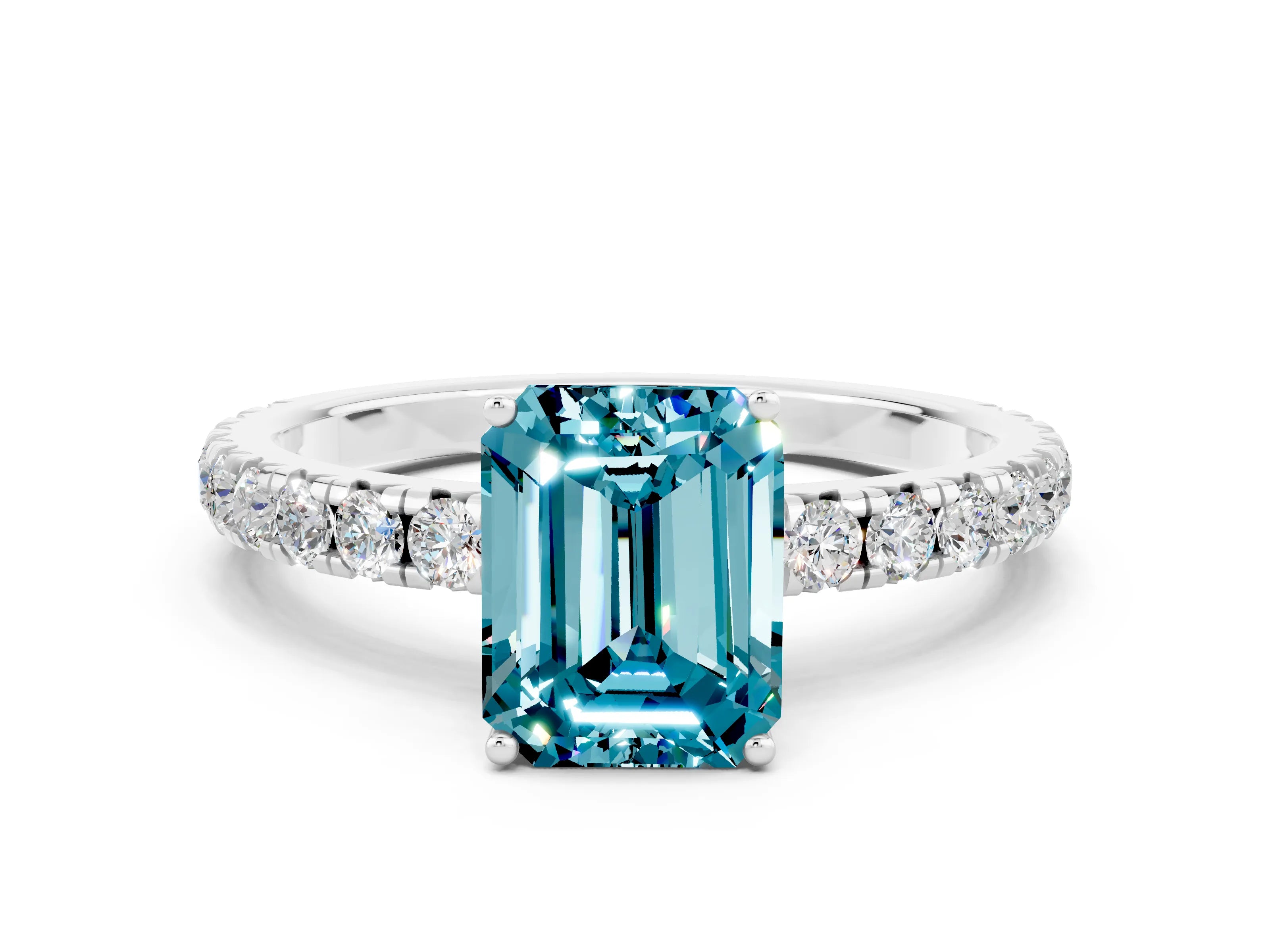 White gold Emerald Cut Blue Topaz Pavé Solitaire Engagement Ring with Four-Prong Setting_12