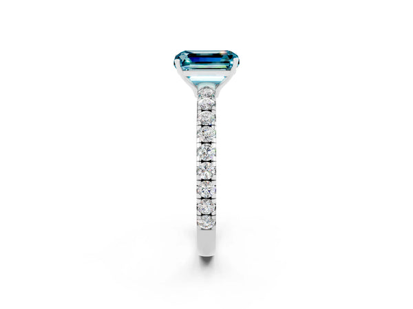 Platinum Emerald Cut Blue Topaz Pavé Solitaire Engagement Ring with Four-Prong Setting
