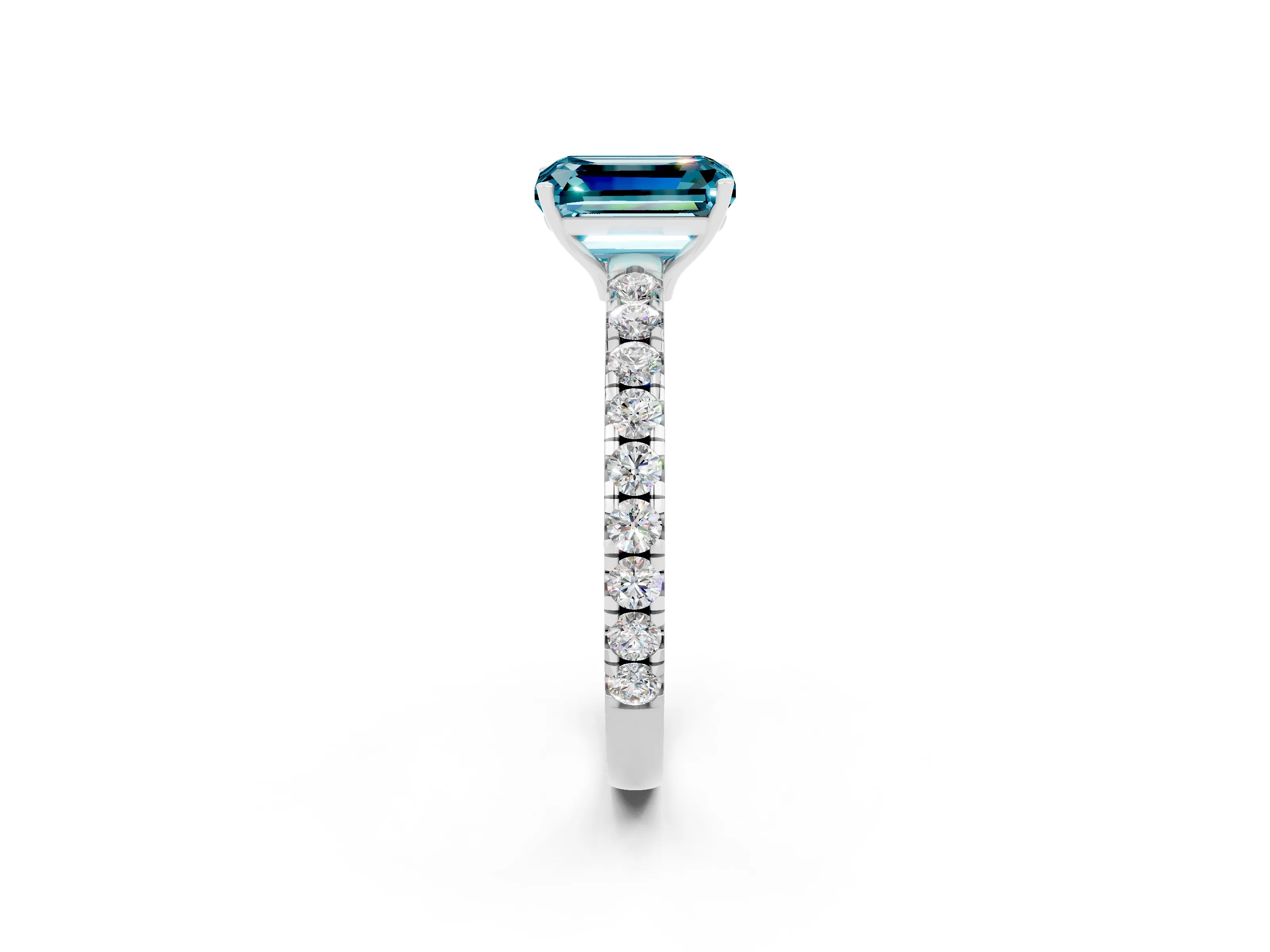 White gold Emerald Cut Blue Topaz Pavé Solitaire Engagement Ring with Four-Prong Setting_14