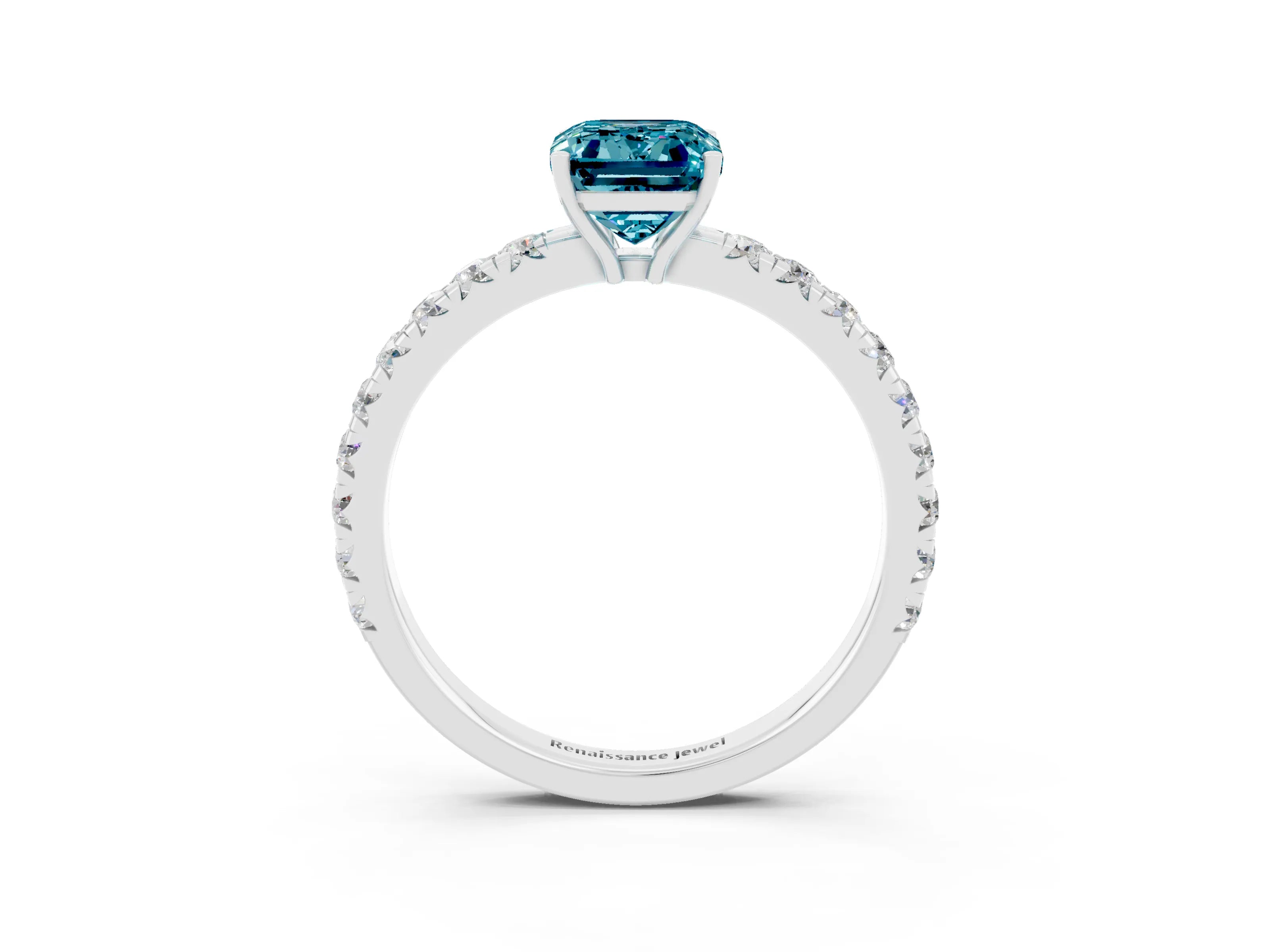 White gold Emerald Cut Blue Topaz Pavé Solitaire Engagement Ring with Four-Prong Setting_15