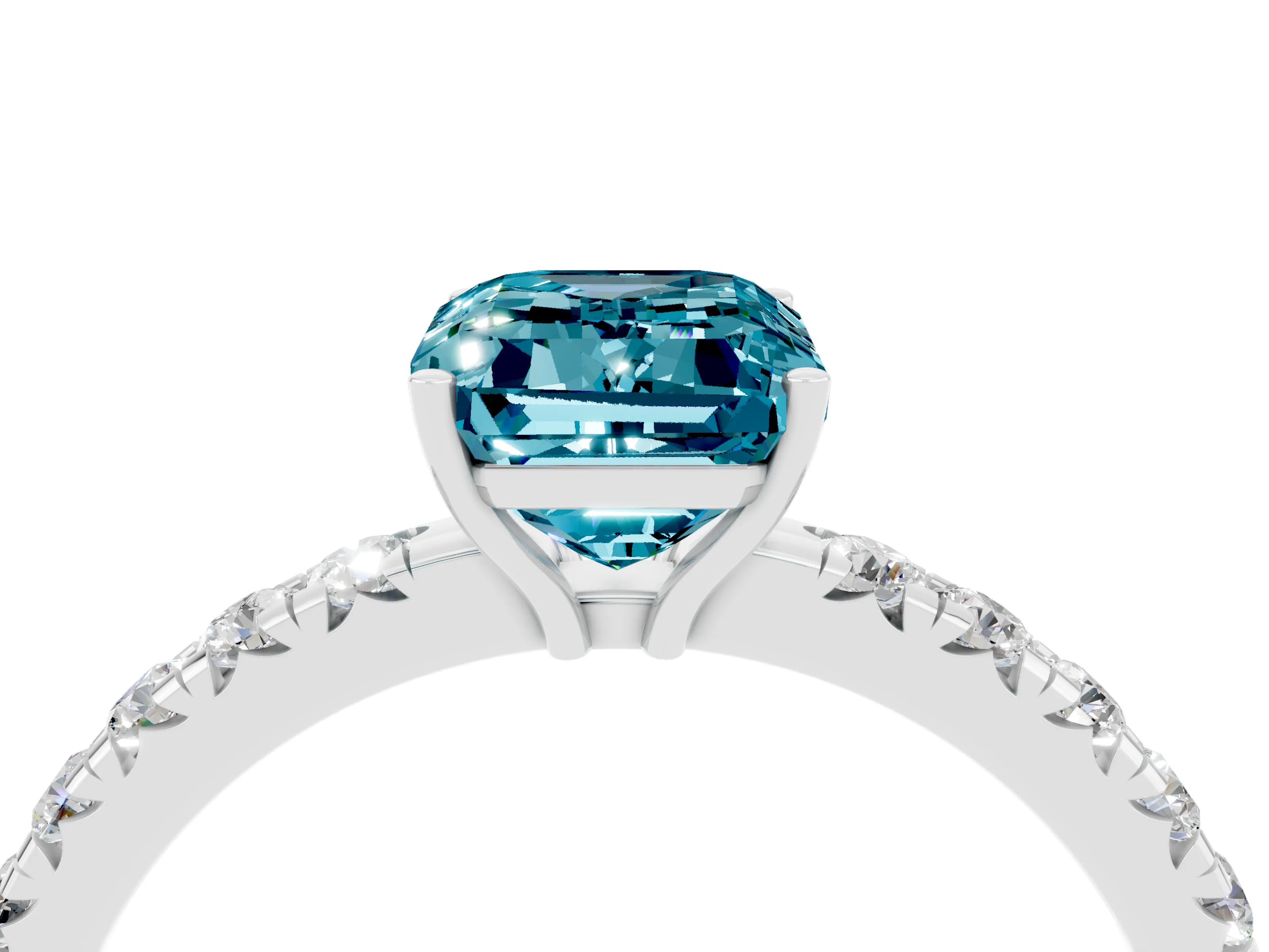 White gold Emerald Cut Blue Topaz Pavé Solitaire Engagement Ring with Four-Prong Setting_16