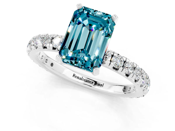 Silver Emerald Cut Blue Topaz Pavé Solitaire Ring with Round Band and Prong Setting
