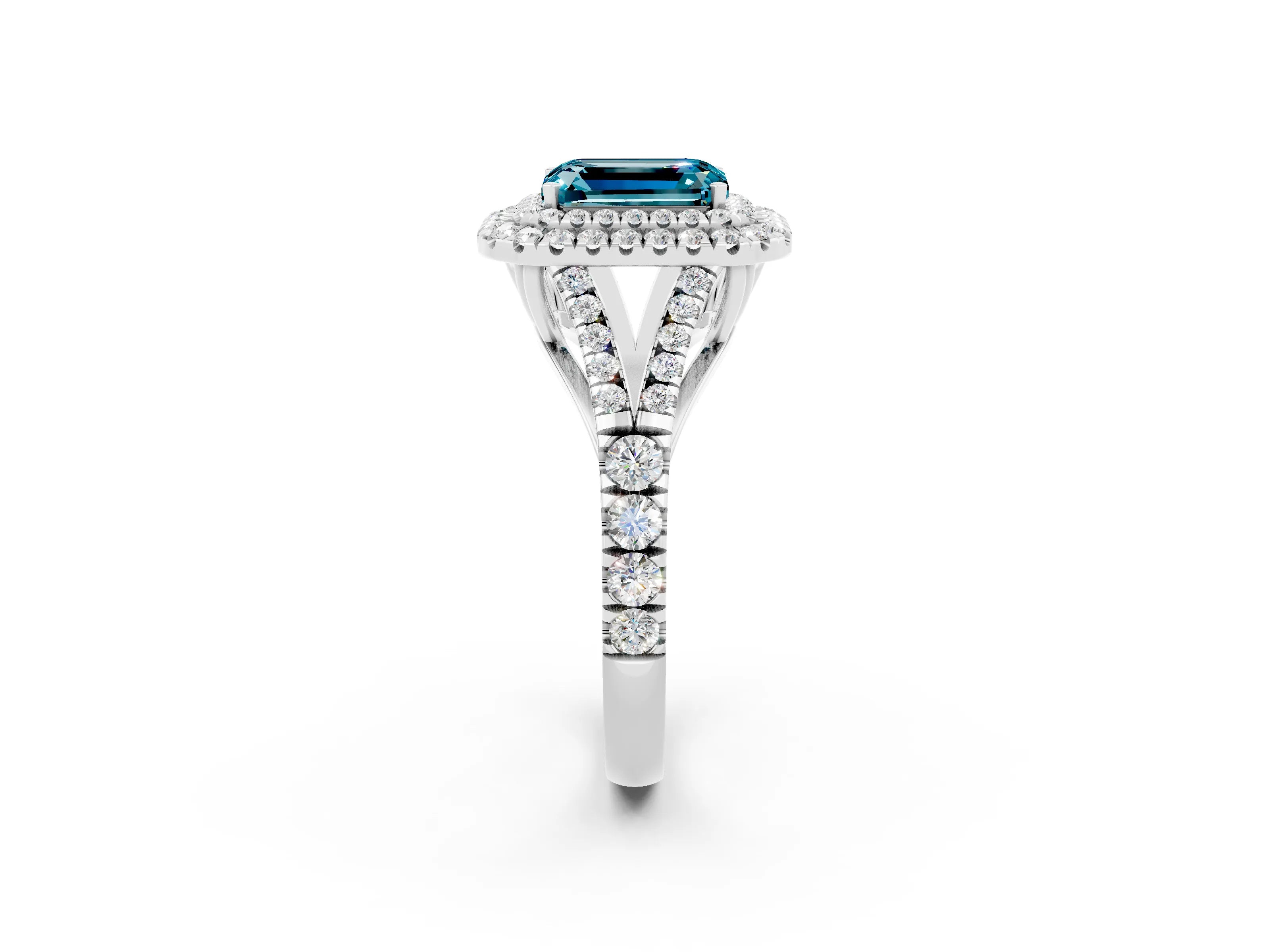 White gold Emerald Cut Blue Topaz Pavé Split Shank Double Halo Engagement Ring_23