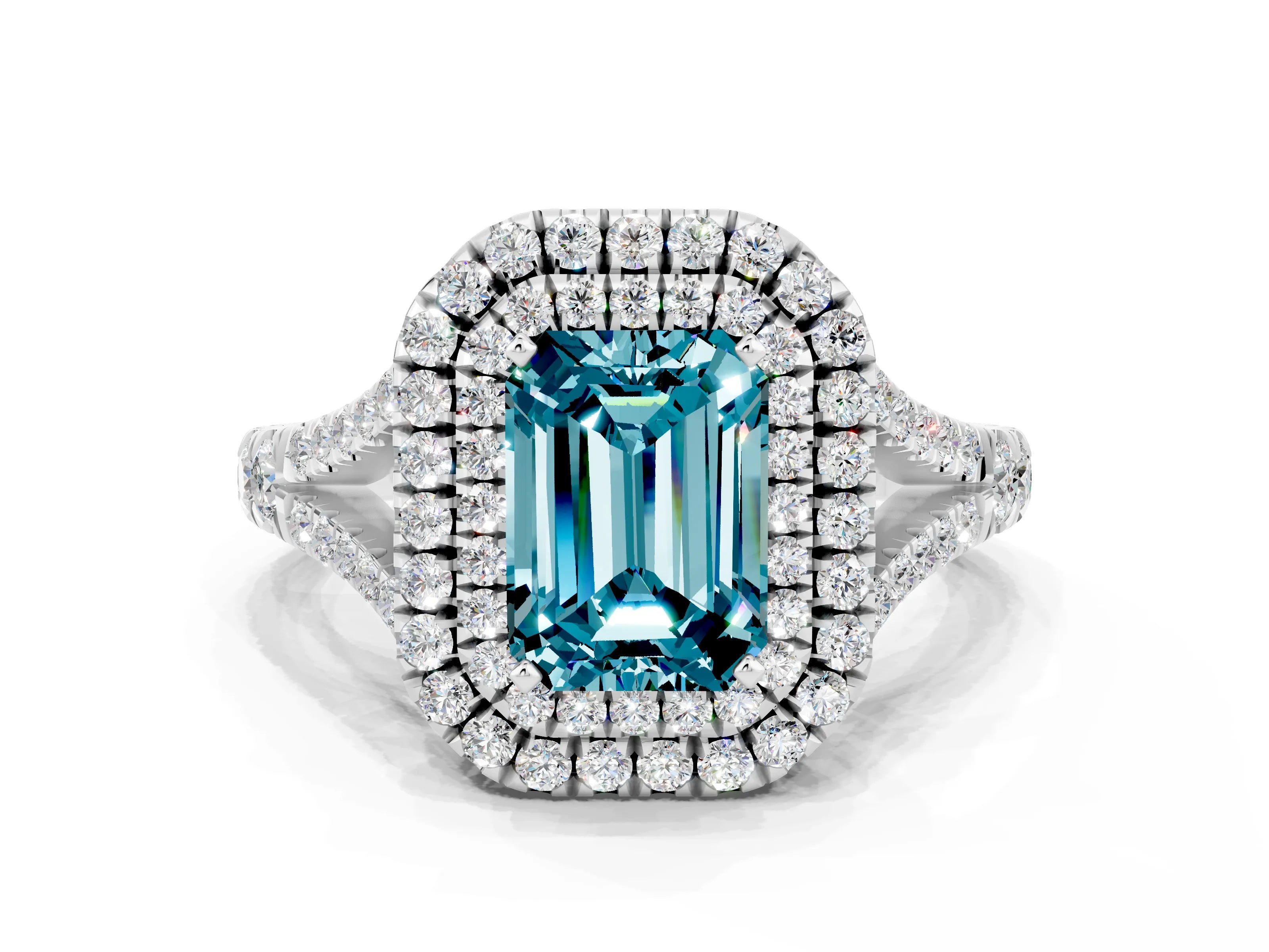 White gold Emerald Cut Blue Topaz Pavé Split Shank Double Halo Engagement Ring_24
