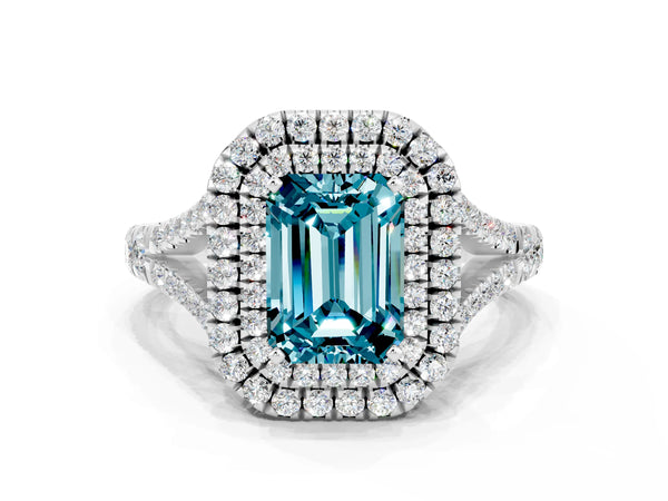Silver Emerald Cut Blue Topaz Pavé Split Shank Double Halo Engagement Ring