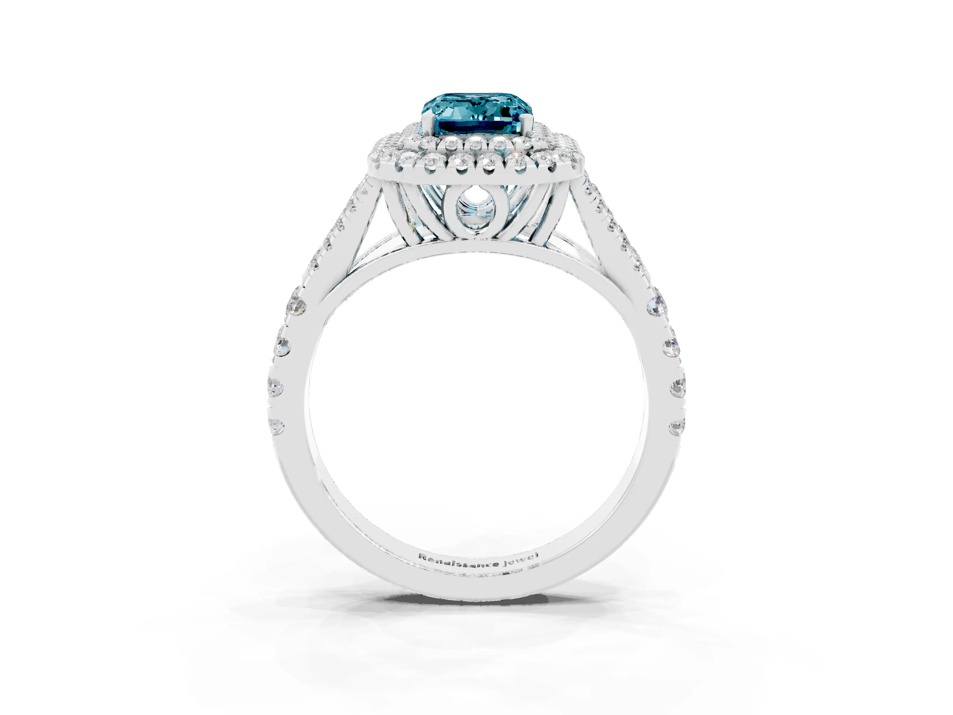 White gold Emerald Cut Blue Topaz Pavé Split Shank Double Halo Engagement Ring_24