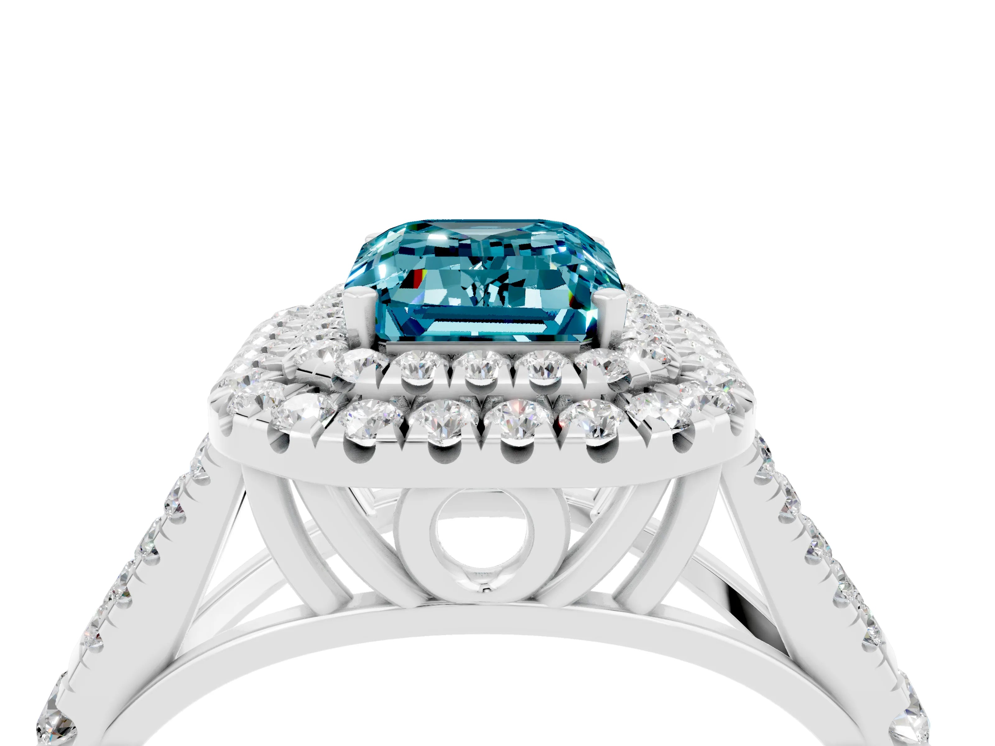 White gold Emerald Cut Blue Topaz Pavé Split Shank Double Halo Engagement Ring_25