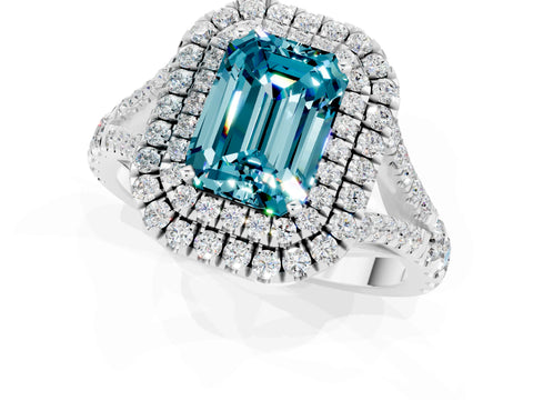 White gold Emerald Cut Blue Topaz Pavé Split Shank Double Halo Engagement Ring_25