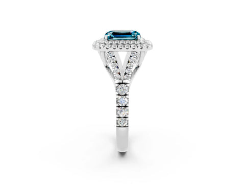 White gold Emerald Cut Blue Topaz Pavé Split Shank Double Halo Engagement Ring_26