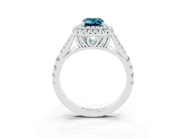 Platinum Emerald Cut Blue Topaz Pavé Split Shank Double Halo Engagement Ring