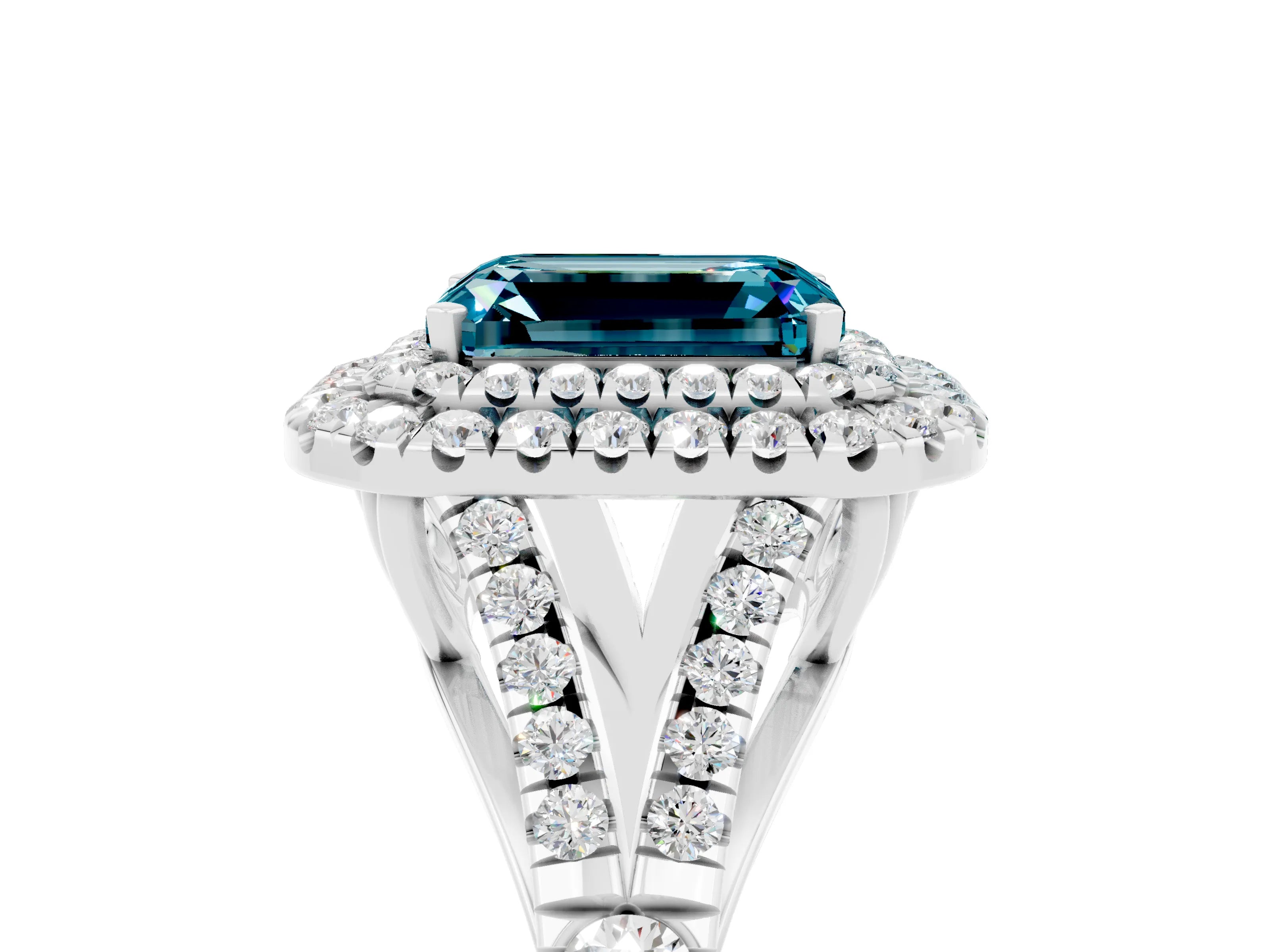 White gold Emerald Cut Blue Topaz Pavé Split Shank Double Halo Engagement Ring_29