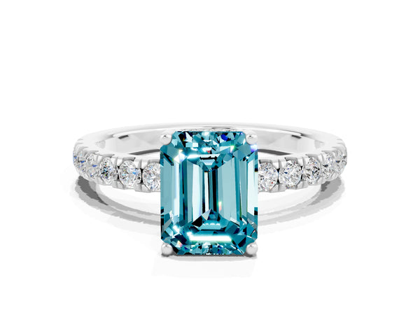 Platinum Emerald Cut Blue Topaz Pave Band Solitaire Ring with Round  and Prong Setting