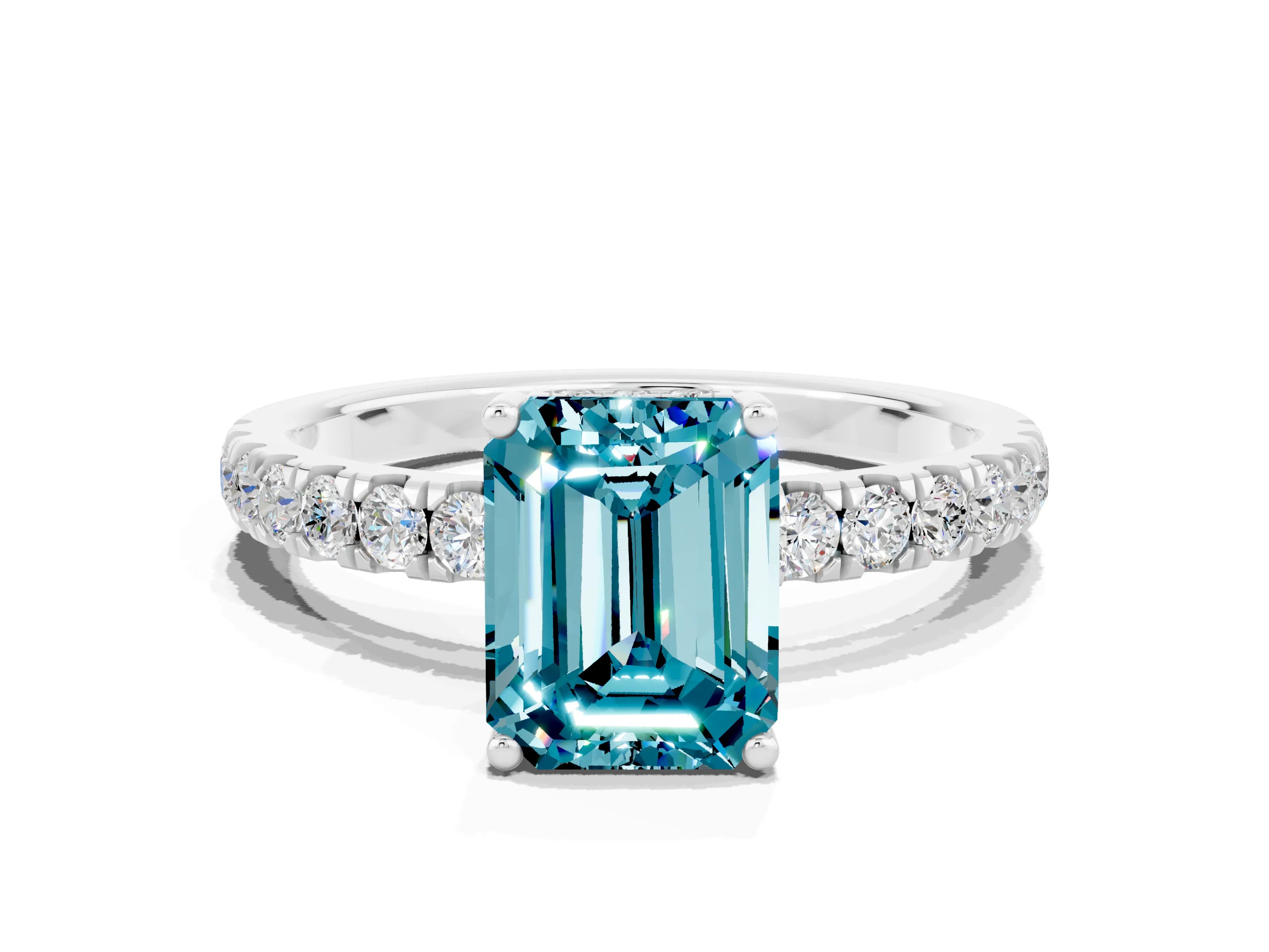 White gold Emerald Cut Blue Topaz Pave Band Solitaire Ring with Four-Prong Setting_36
