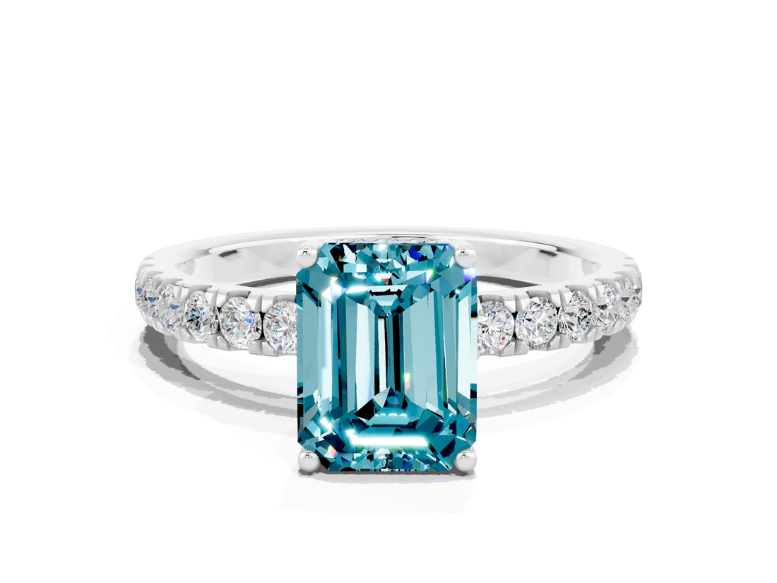 White gold Emerald Cut Blue Topaz Pave Band Solitaire Ring with Four-Prong Setting_36
