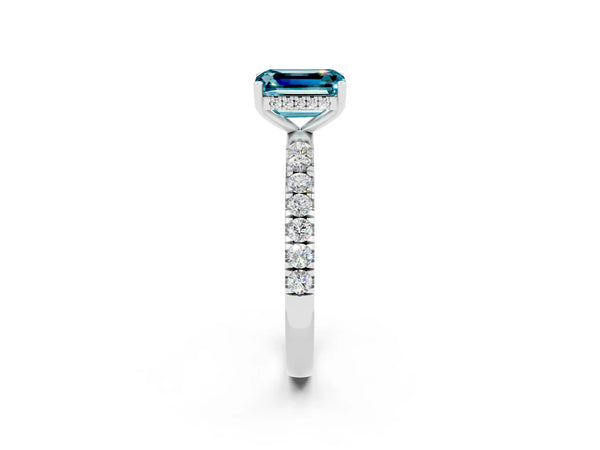 Platinum Emerald Cut Blue Topaz Pave Band Solitaire Ring with Round  and Prong Setting