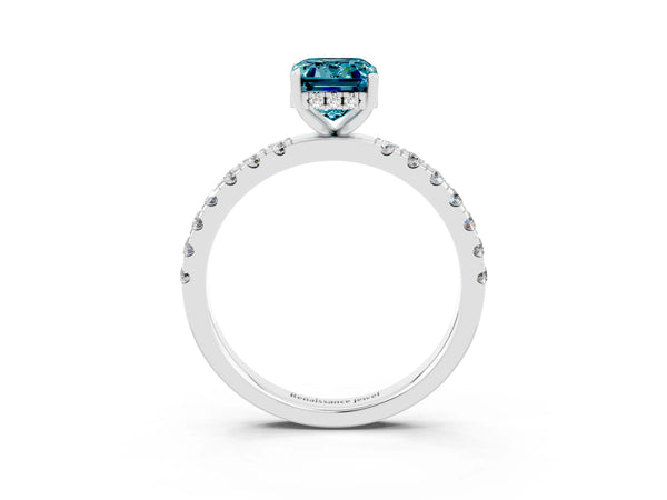 White gold Emerald Cut Blue Topaz Pave Band Solitaire Ring with Round  and Prong Setting
