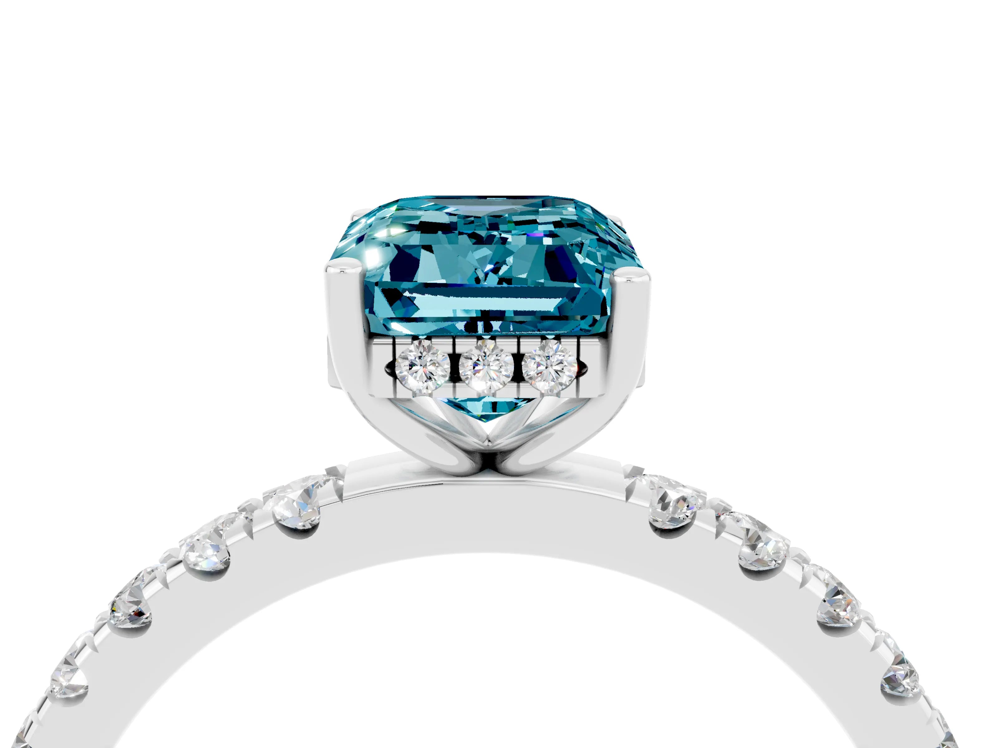 White gold Emerald Cut Blue Topaz Pave Band Solitaire Ring with Four-Prong Setting_40