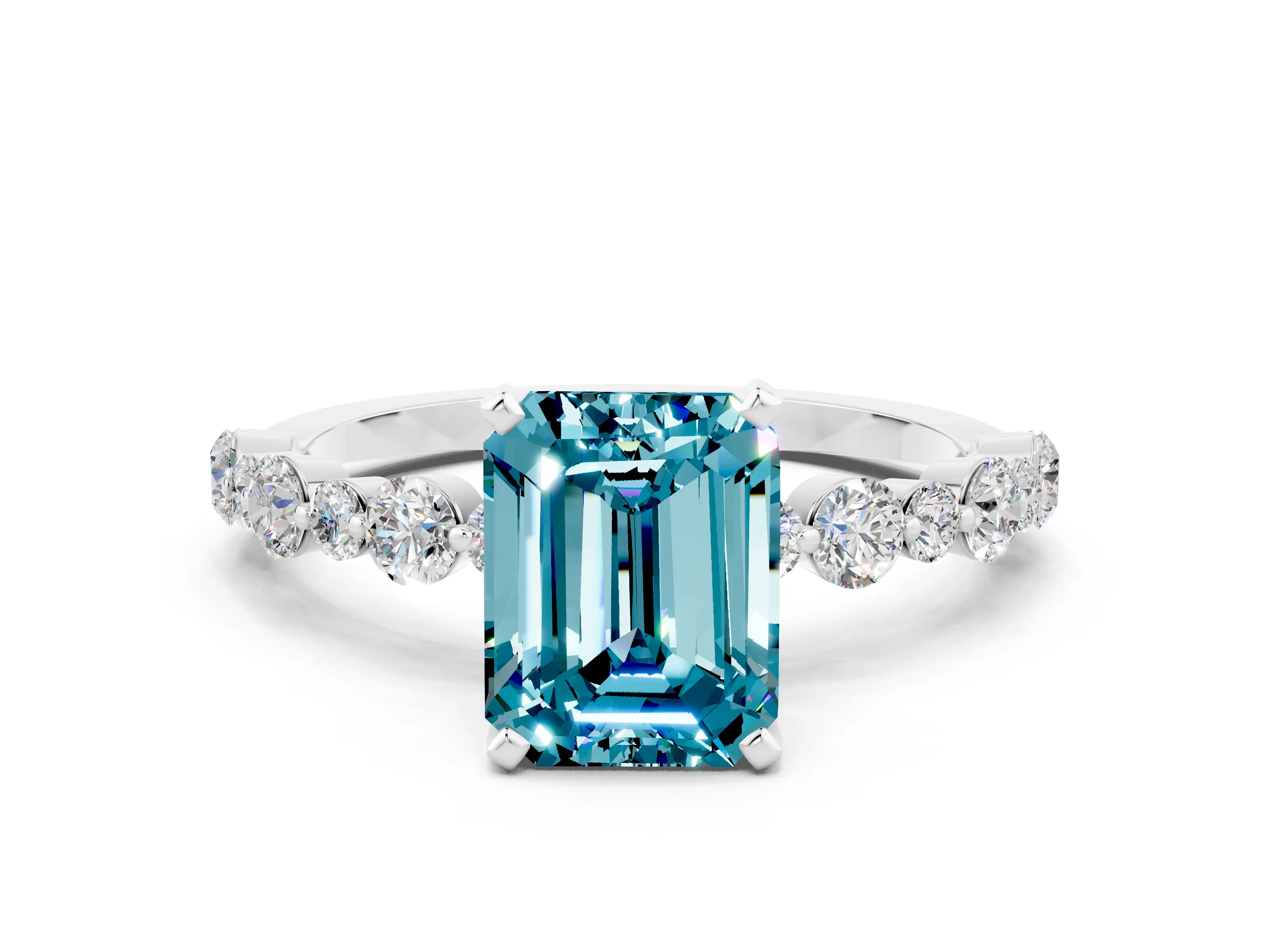 White gold Emerald Cut Blue Topaz Prong Set Engagement Ring with Pavé Band