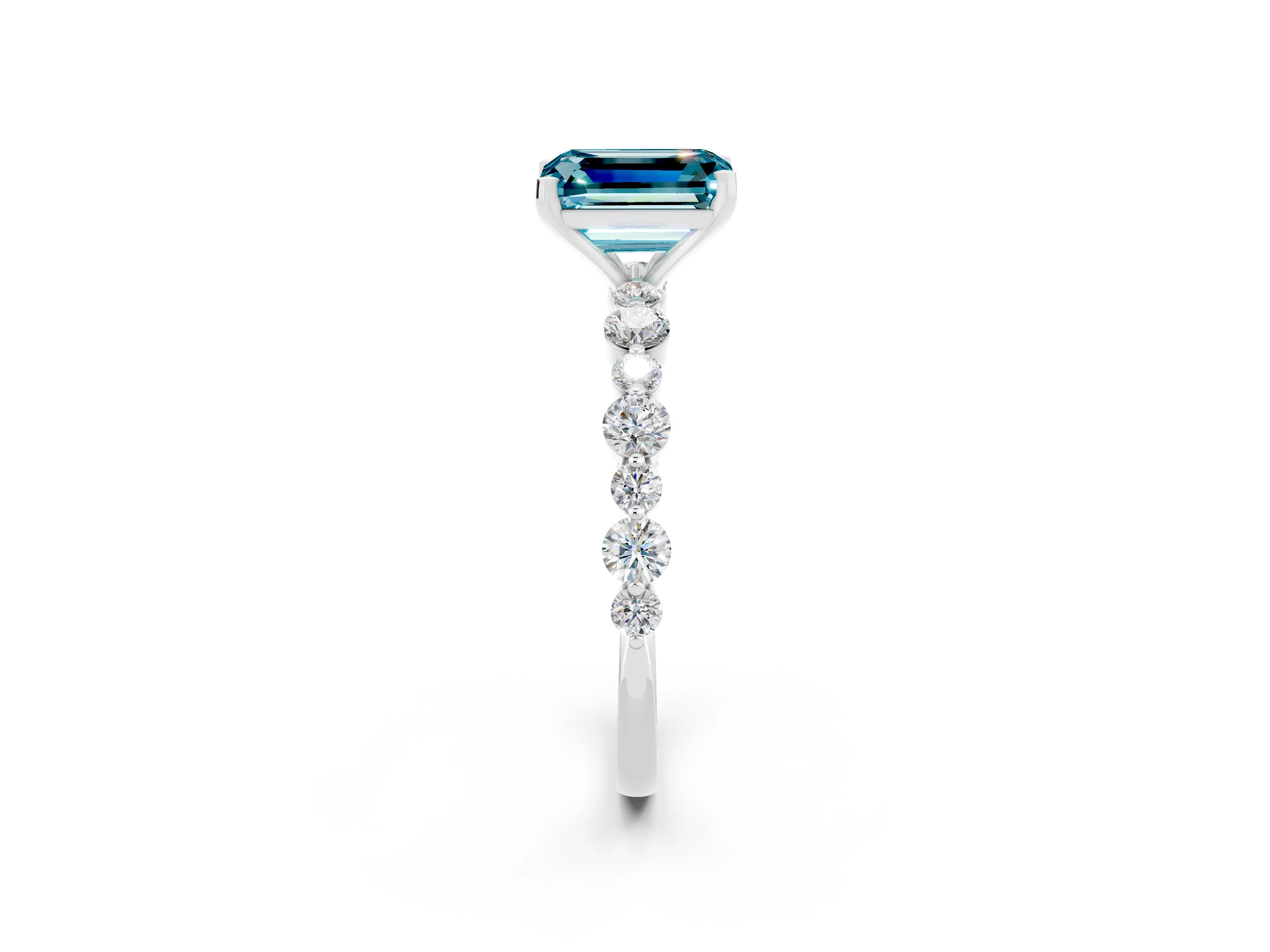 White gold Emerald Cut Blue Topaz Prong Set Engagement Ring with Pavé Band_2