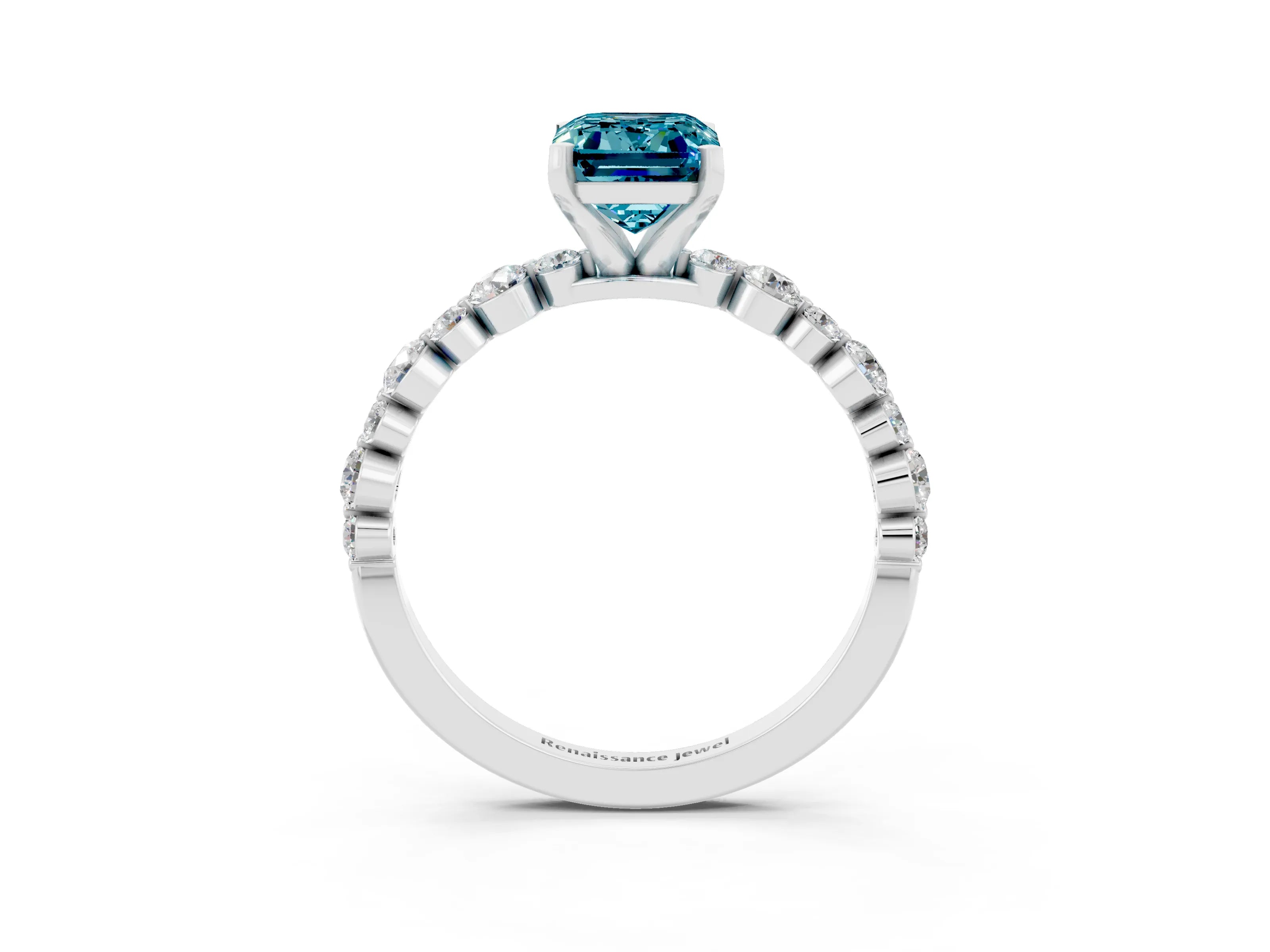 White gold Emerald Cut Blue Topaz Prong Set Engagement Ring with Pavé Band_3