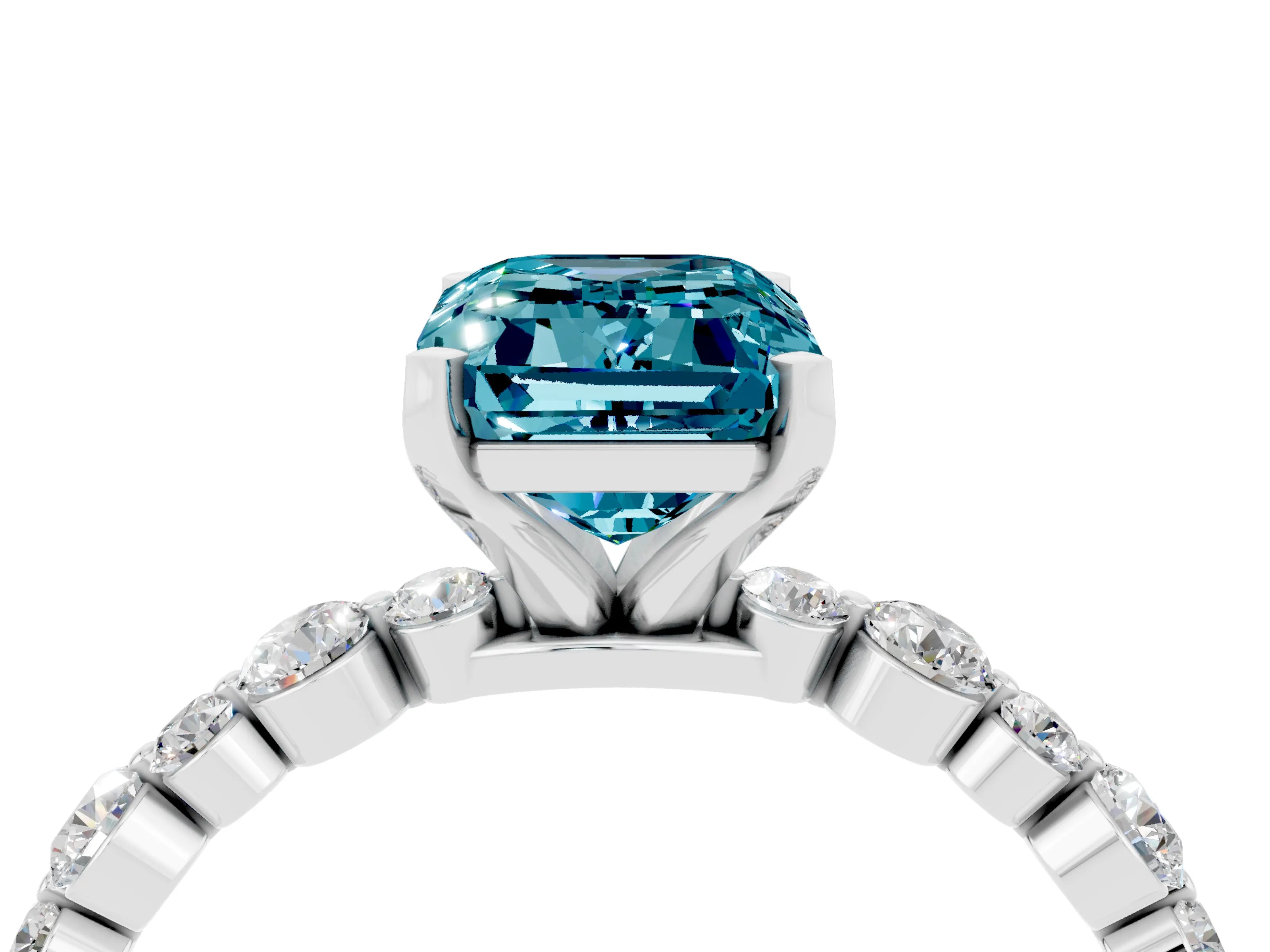 White gold Emerald Cut Blue Topaz Prong Set Engagement Ring with Pavé Band_4