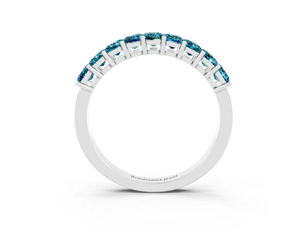 Platinum Emerald Cut Blue Topaz Prong-Set Eternity Band