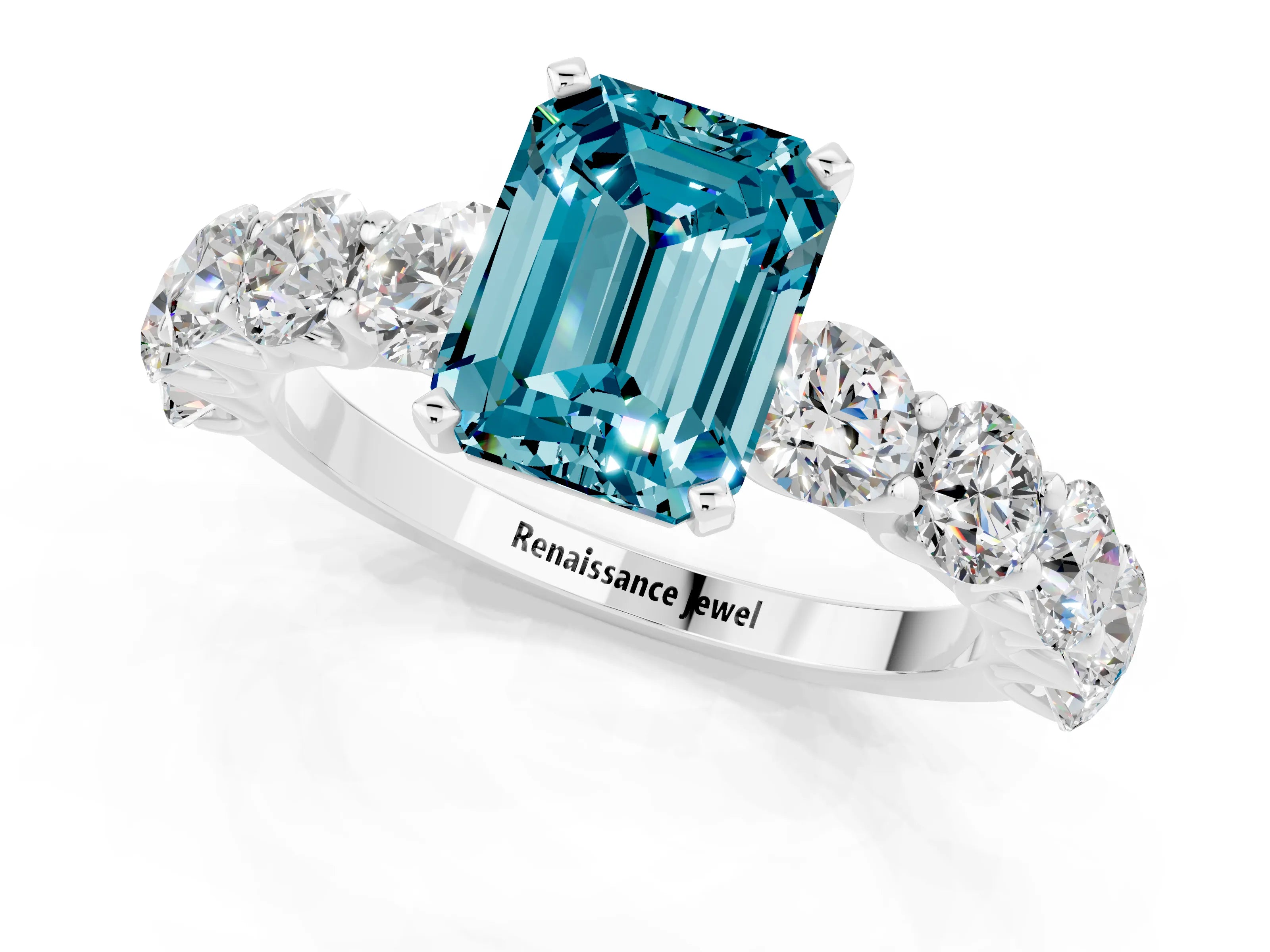 White gold Emerald Cut Blue Topaz Prong Setting with Side Stones on a Pave Band_1