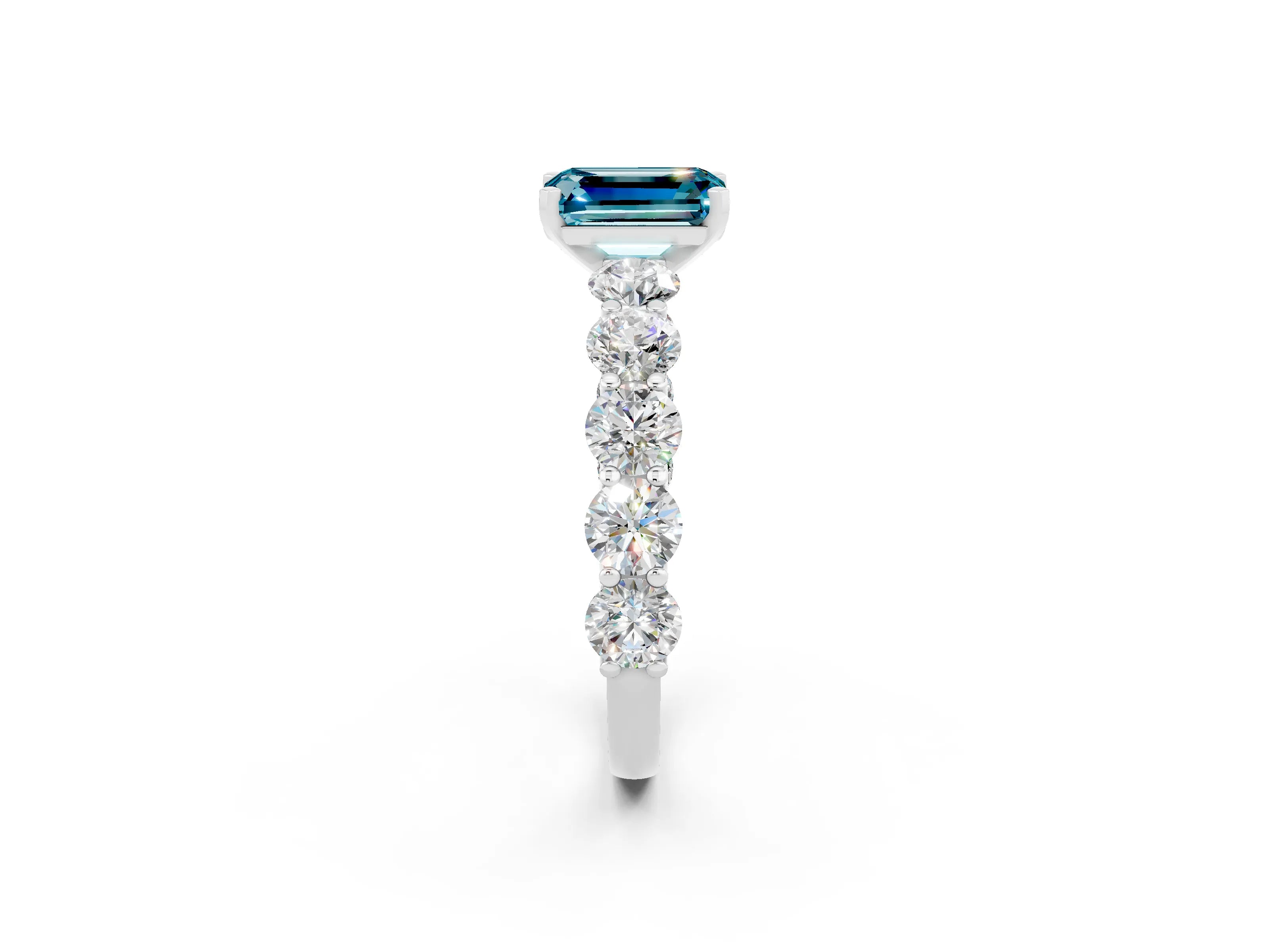White gold Emerald Cut Blue Topaz Prong Setting with Side Stones on a Pave Band_2