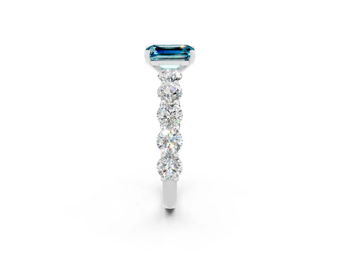 White gold Emerald Cut Blue Topaz Prong Setting with Side Stones on a Pave Band_2