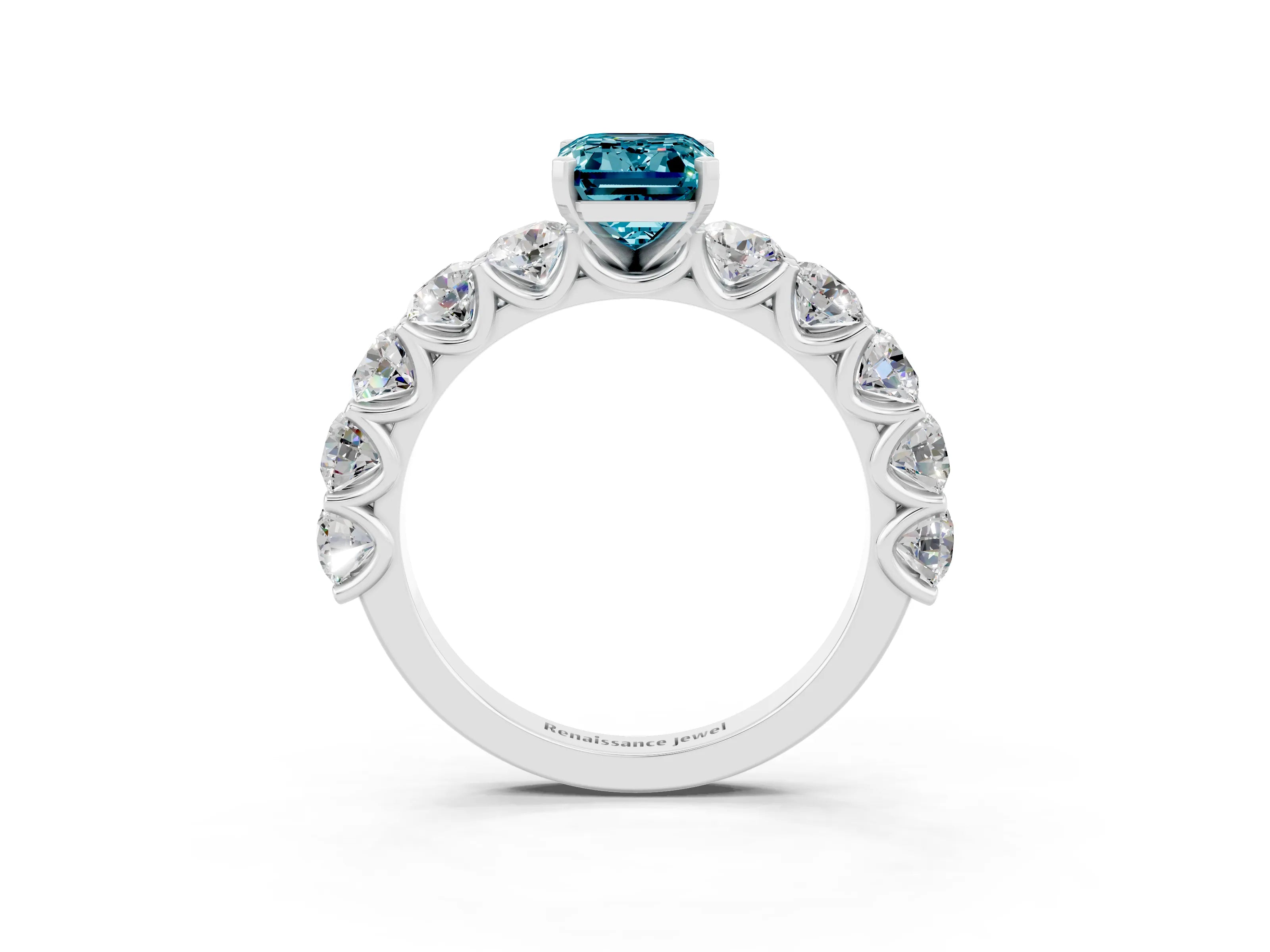White gold Emerald Cut Blue Topaz Prong Setting with Side Stones on a Pave Band_3