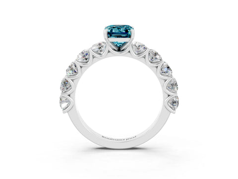 White gold Emerald Cut Blue Topaz Prong Setting with Side Stones on a Pave Band_3