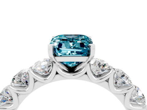 White gold Emerald Cut Blue Topaz Prong Setting with Side Stones on a Pave Band_4