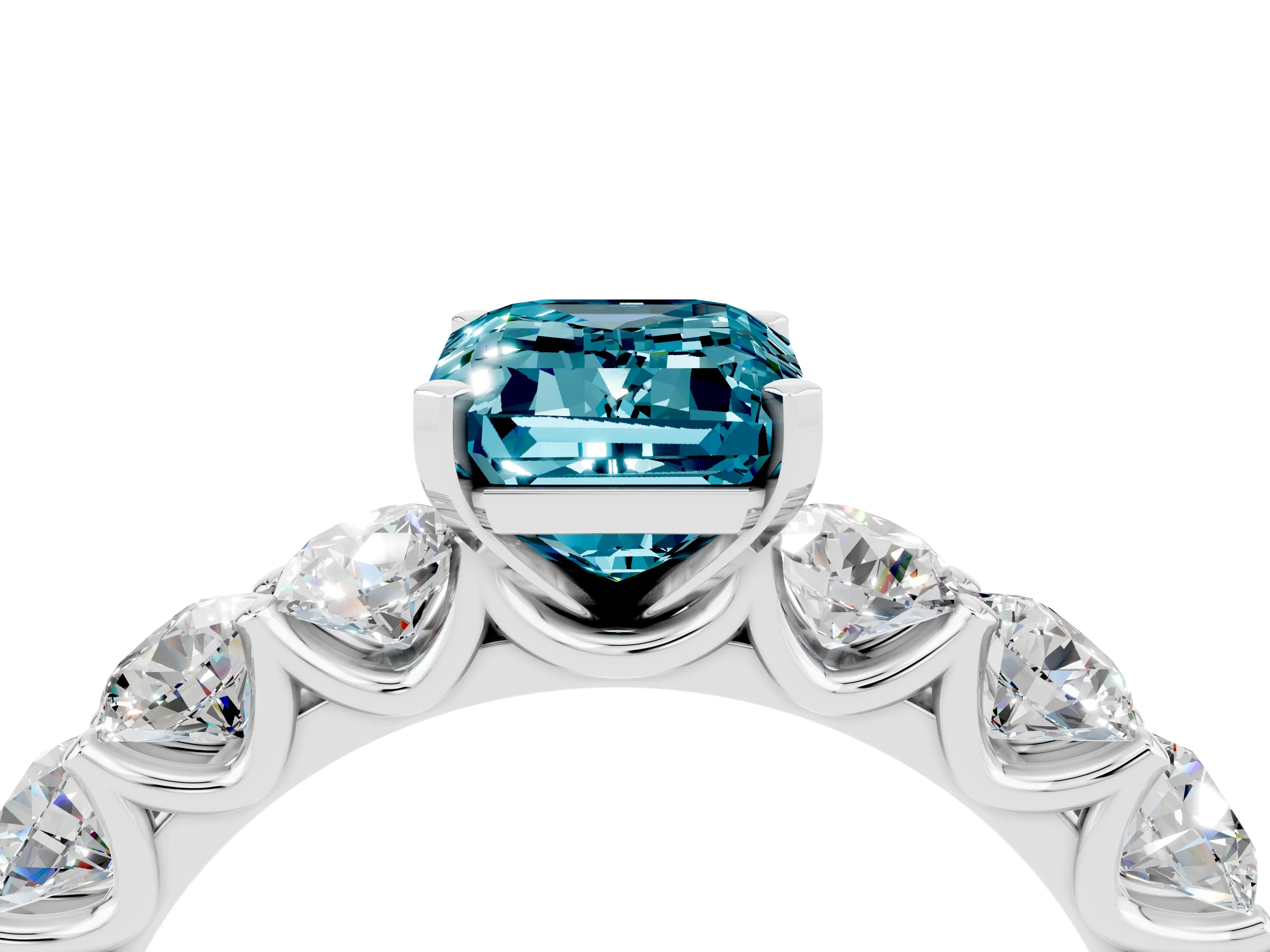 White gold Emerald Cut Blue Topaz Prong Setting with Side Stones on a Pave Band_4