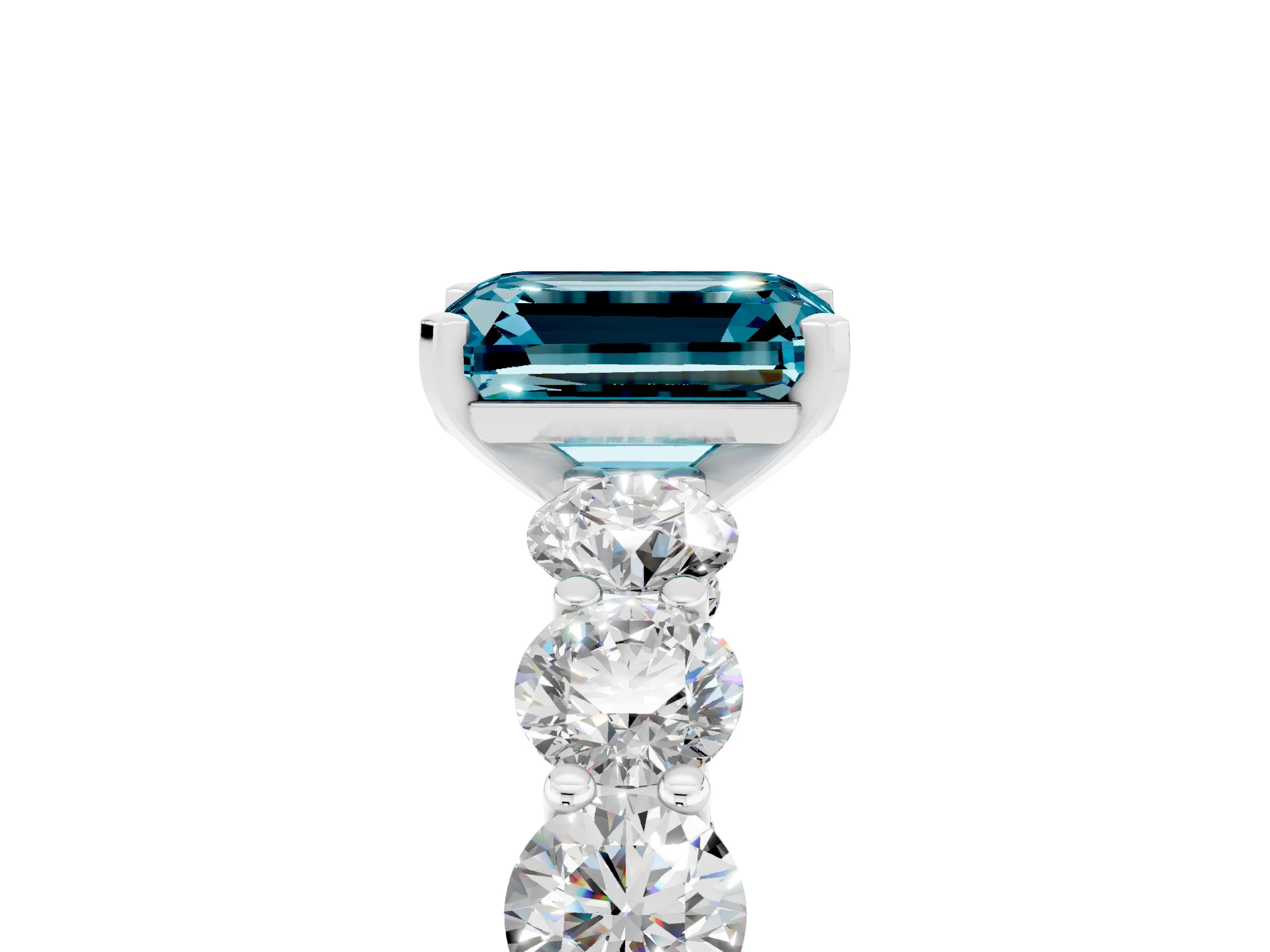 White gold Emerald Cut Blue Topaz Prong Setting with Side Stones on a Pave Band_5