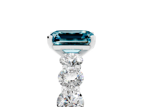 White gold Emerald Cut Blue Topaz Prong Setting with Side Stones on a Pave Band_5