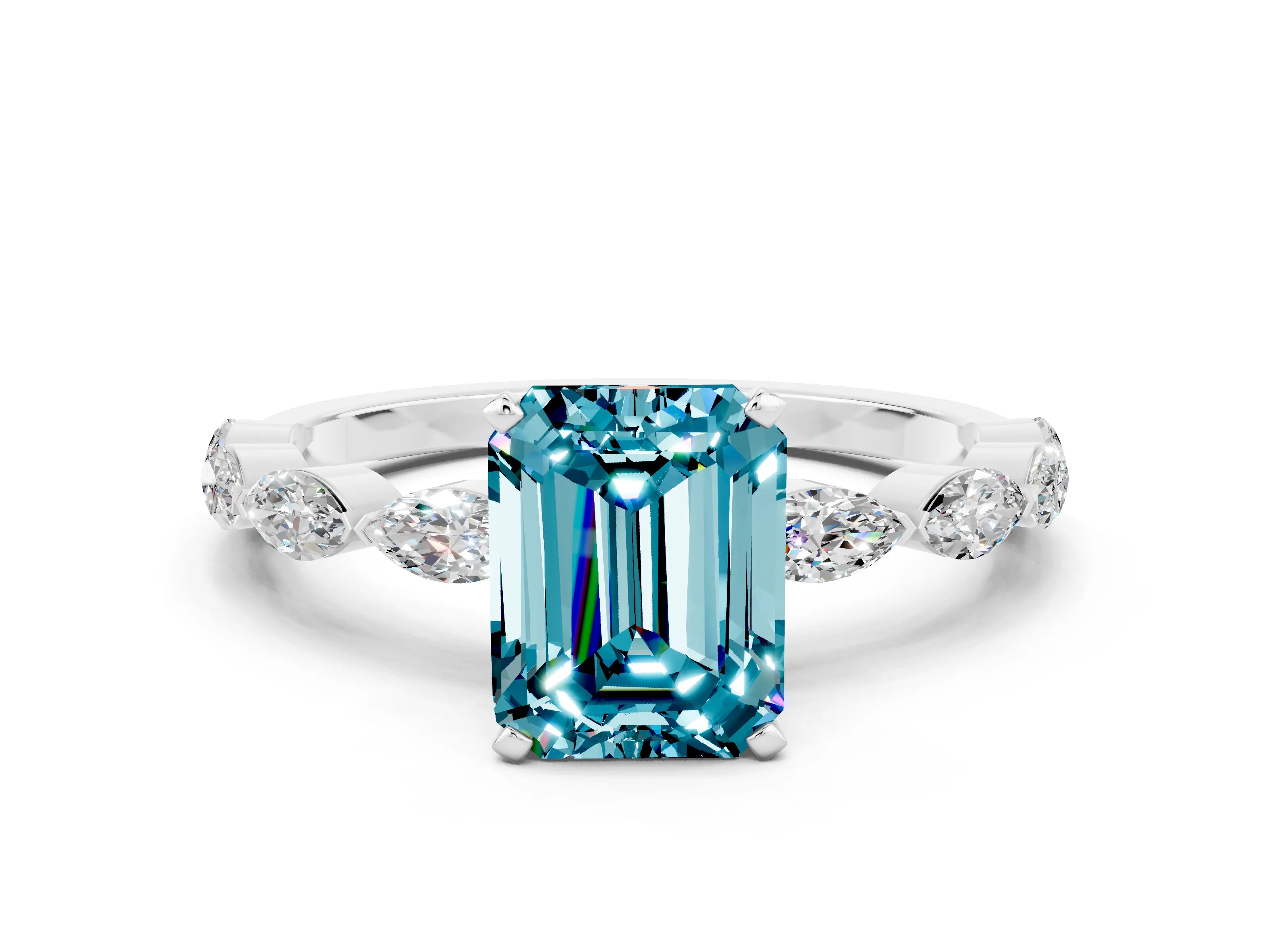 White gold Emerald Cut Blue Topaz Ring with Marquise Side Stones and Prong Setting