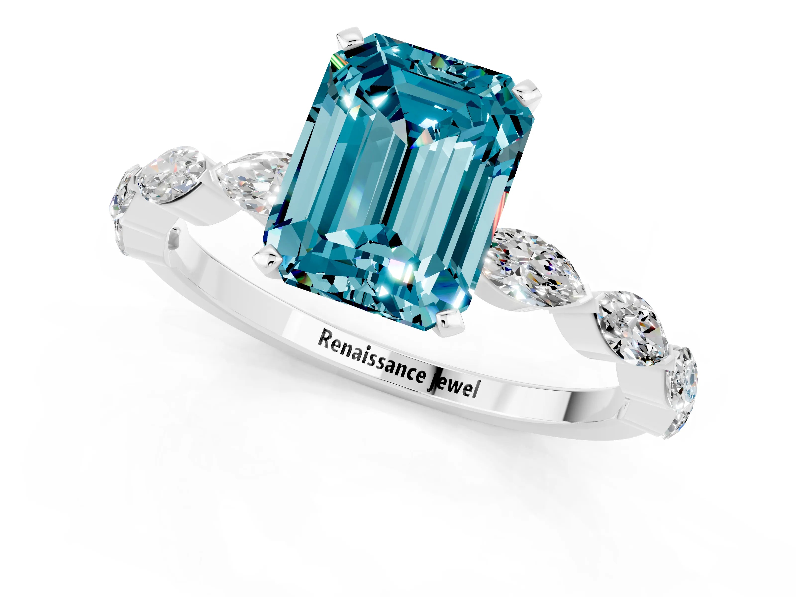 White gold Emerald Cut Blue Topaz Ring with Marquise Side Stones and Prong Setting_1