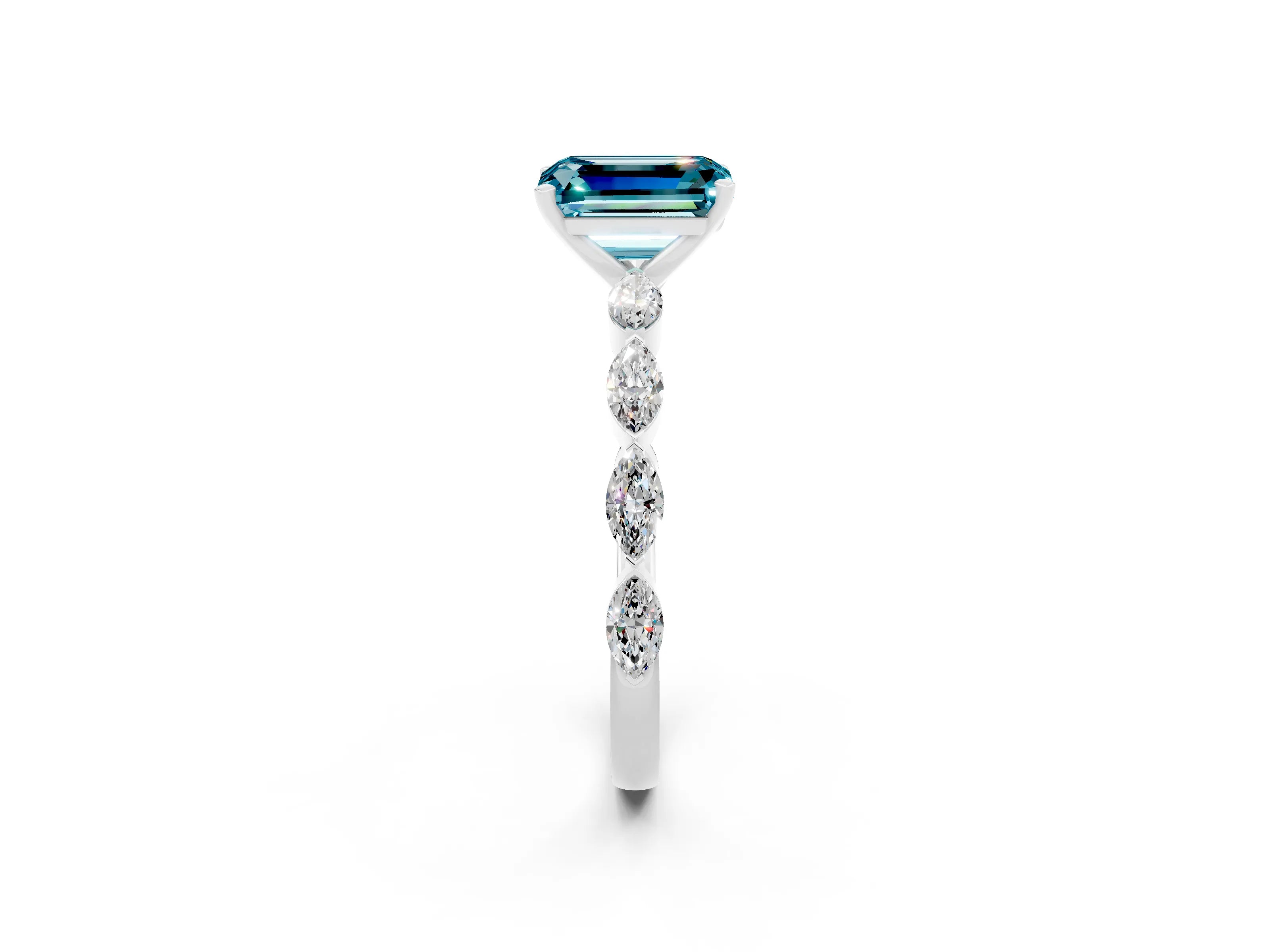 White gold Emerald Cut Blue Topaz Ring with Marquise Side Stones and Prong Setting_2