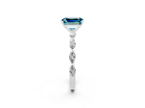 White gold Emerald Cut Blue Topaz Ring with Marquise Side Stones and Prong Setting_2