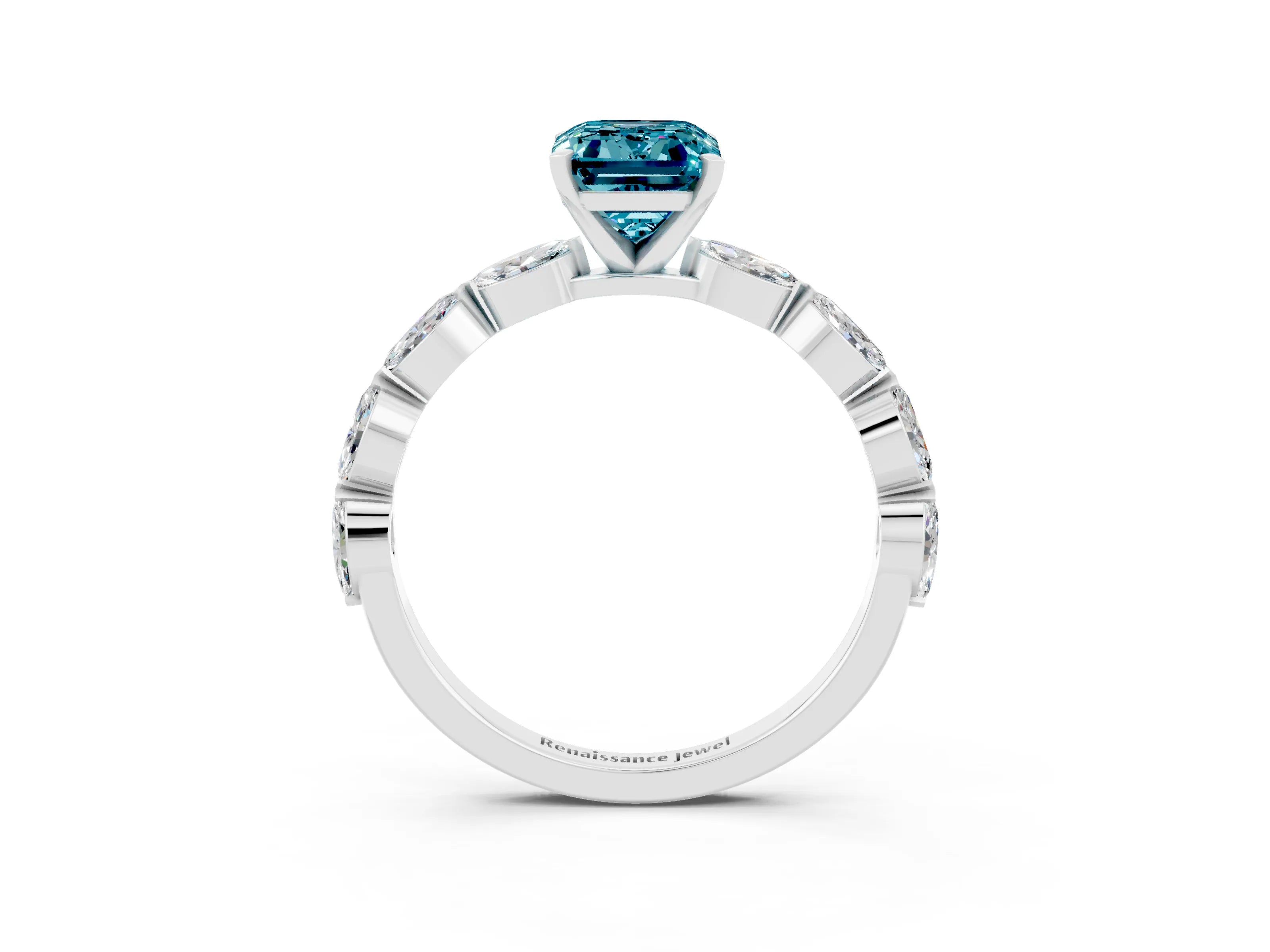 White gold Emerald Cut Blue Topaz Ring with Marquise Side Stones and Prong Setting_3